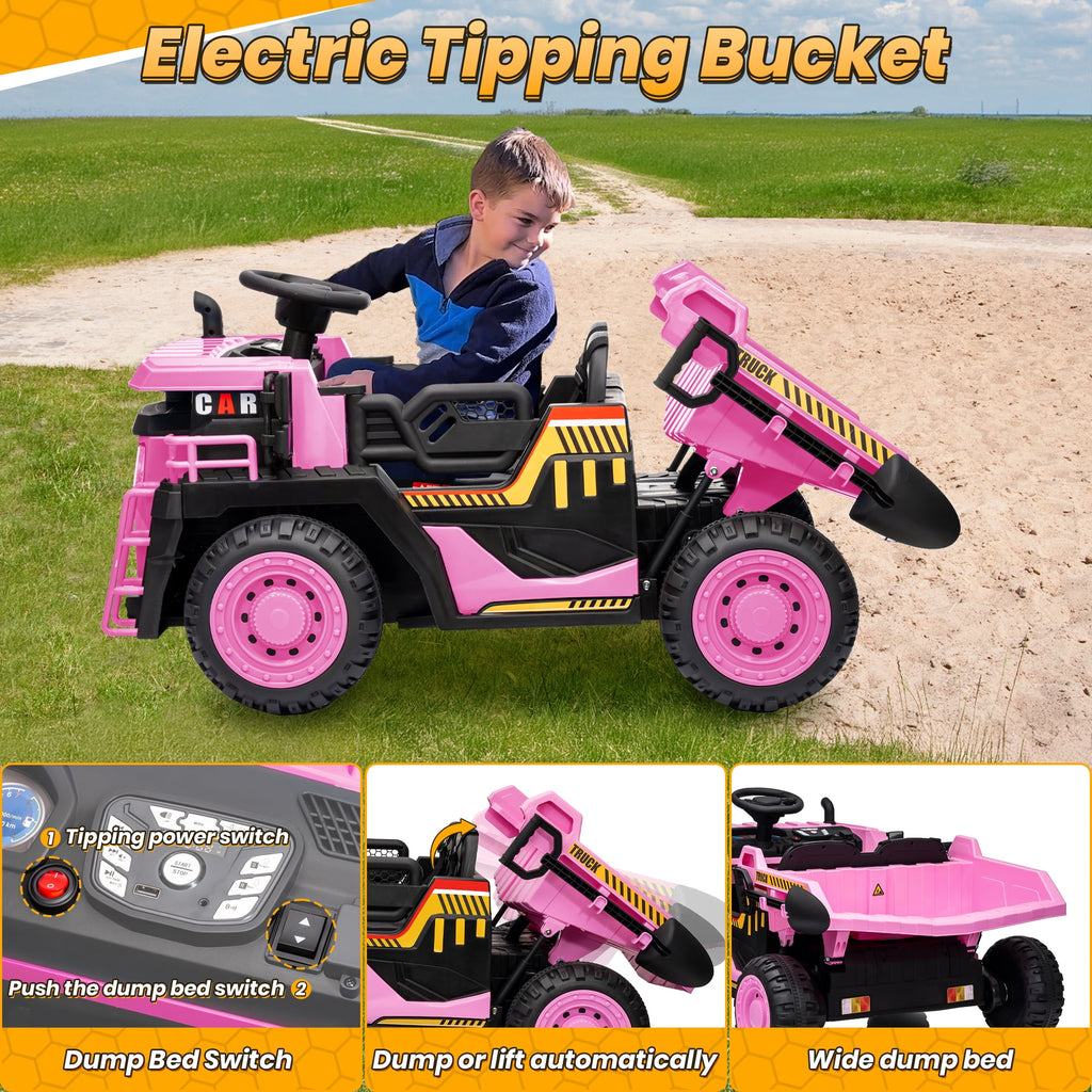 24 Volt Ride on Toys w/ Remote Control, 2*200W Strong Motor, Electric Powered Ride on Dump Truck with Shovel, 3 Speeds, LED Lights, MP3/USB Music, Blue