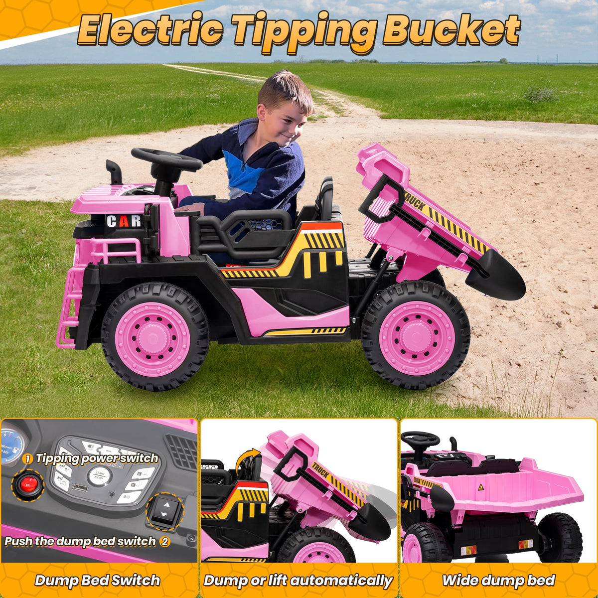24 Volt Ride on Toys w/ Remote Control, 2*200W Strong Motor, Electric Powered Ride on Dump Truck with Shovel, 3 Speeds, LED Lights, MP3/USB Music, Blue