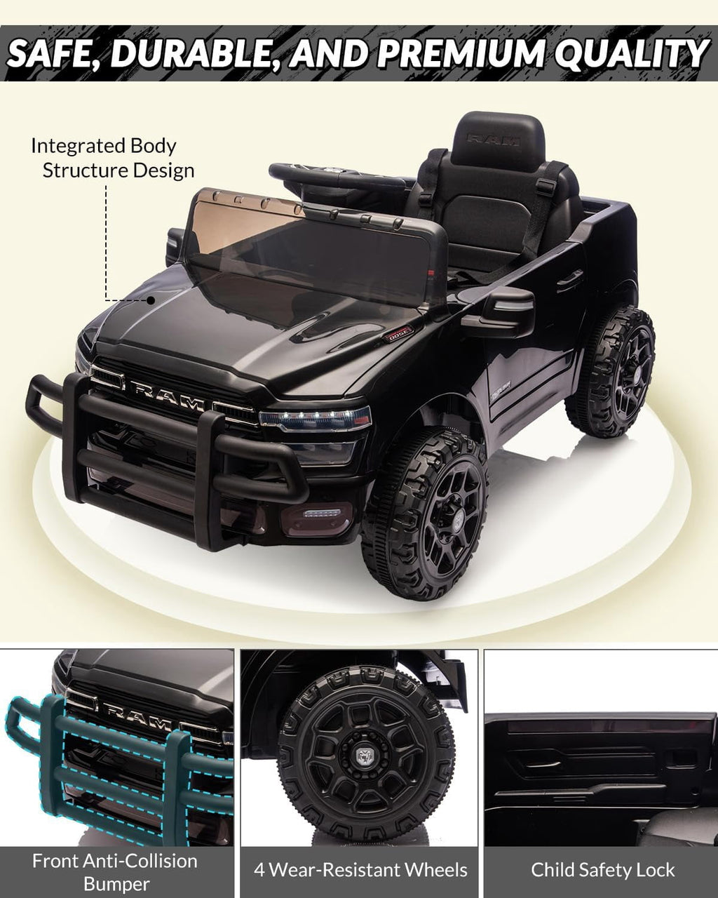 12V Licensed RAM Ride-On Pickup Truck, Electric Ride-On Car with Remote Control, 4-Wheel Suspension, Double Doors, LED Lights, Music, USB & AUX