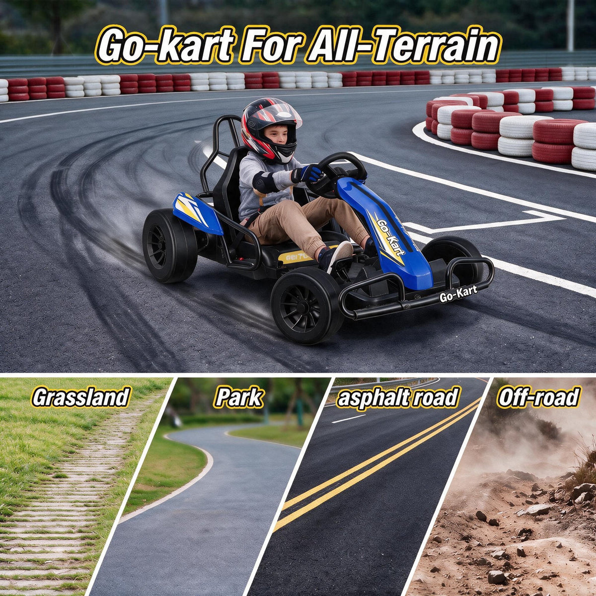 VIBESPARK Drift Go Kart, 24V 10AH Electric Go Kart for Kids Ages 6-14, 360° Drift Mode, Ride On Car with Backrest & Adjustable Seat, 300W Dual Motors, Max Speed 7.5mph/h, Blue
