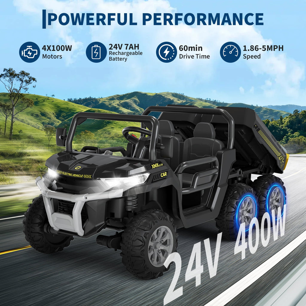 24V 2-Seater 6-Wheel Electric Dump Truck Ride-On for Kids – 4WD UTV Car, Remote Control, Electric Dump Bed, Music, Horn, Industry Standard/CPSIA Certified, Power Ride-On Toy for Boys & Girls