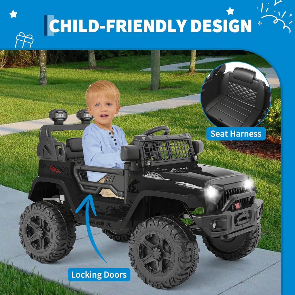 12V Electric Ride On Car with Remote Control, Off Road Ride On Vehicle with Bluetooth, LED Lights, Spring Suspension, Adjustable Seat Belt, All Terrain Tires, 61 lbs Capacity