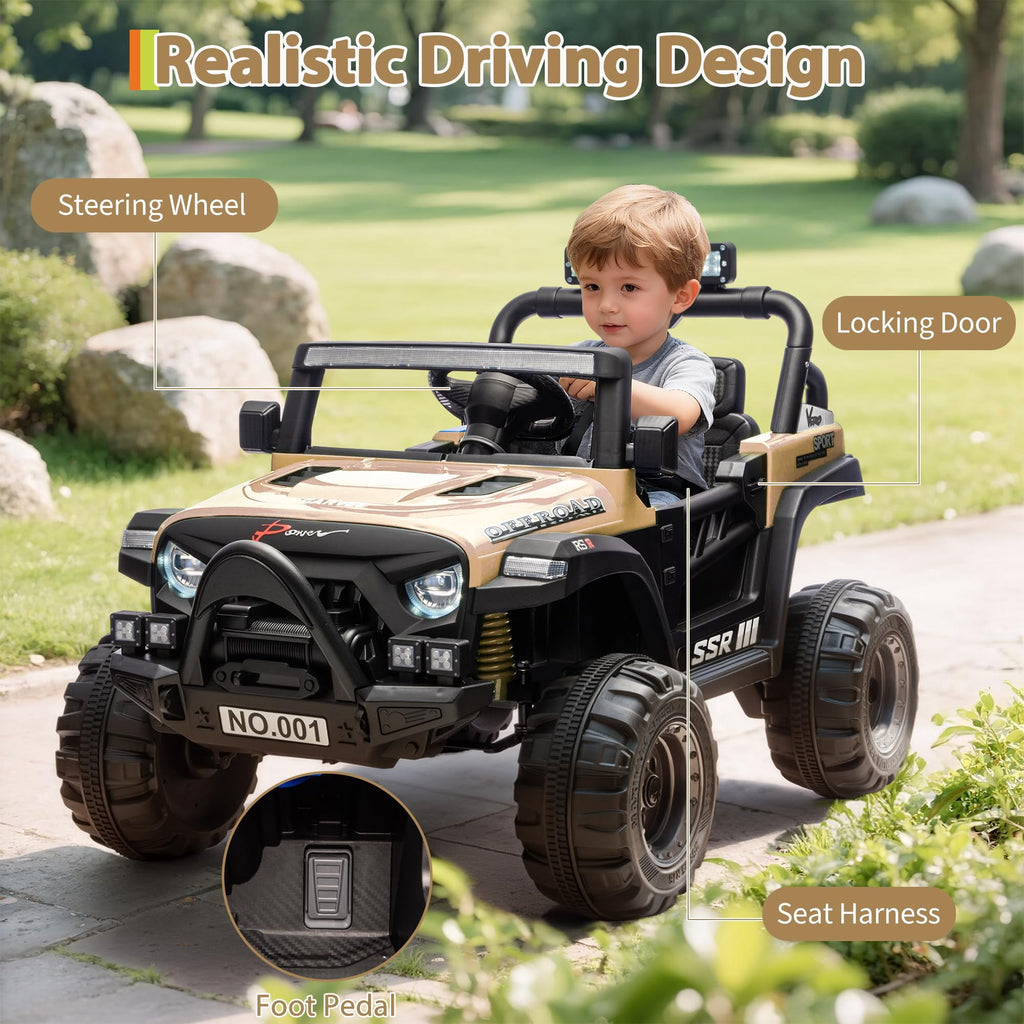 12V Kids Electric Ride-On Car – Parent Remote Control, 3 Speeds up to 4.1MPH, Spring Suspension, Seat Harness, Locking Doors, LED Headlights, wireless Music, Battery Powered Truck Toy