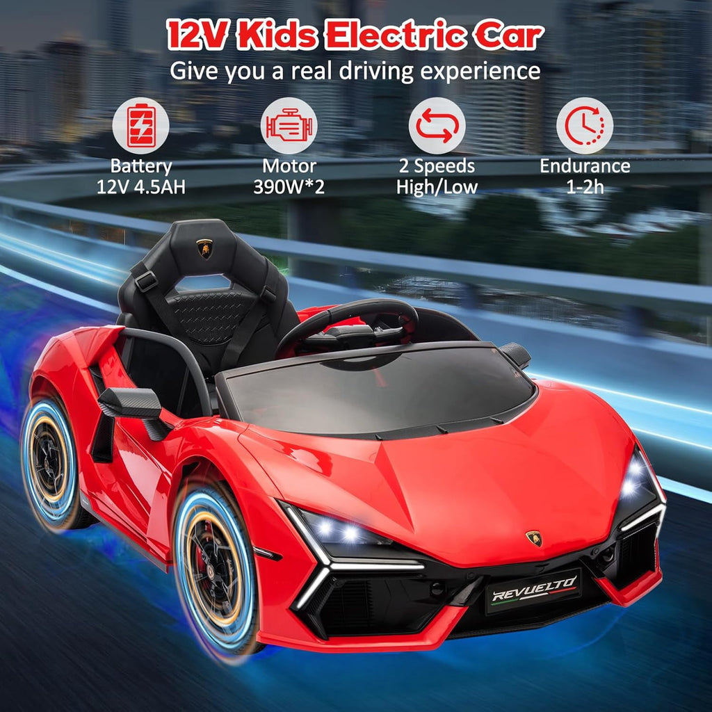 12V Licensed Lamborghini Revuelto Ride-On Electric Sports Car, Dual 25W Motors, Remote Control, Bluetooth, LED Headlights, Music, 1-2 MPH