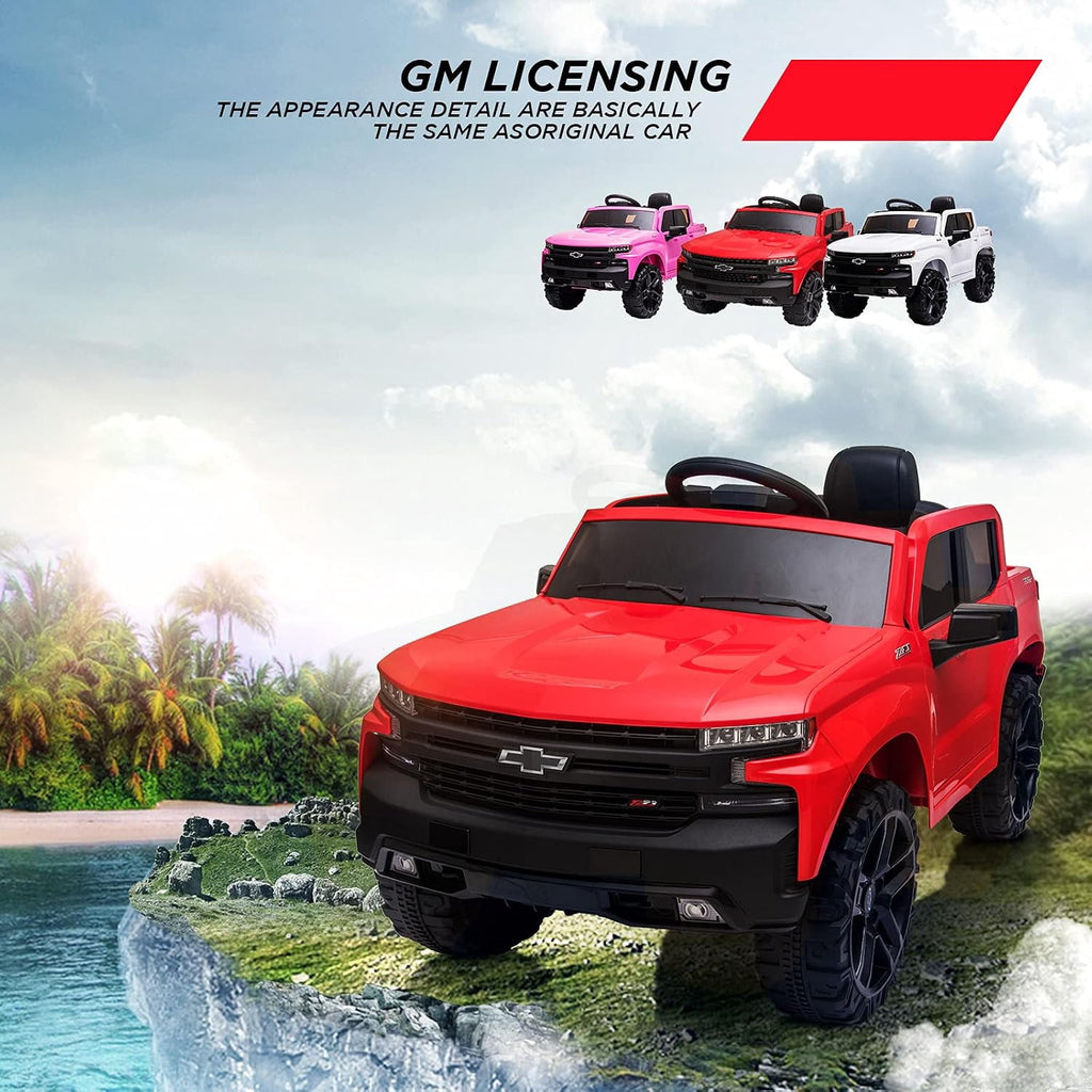 12V Licensed Chevrolet Silverado Ride On Truck, Electric Ride On Car with Remote Control, Bluetooth, MP3, LED Lights, Spring Suspension, Storage Bin, Realistic Truck Toy