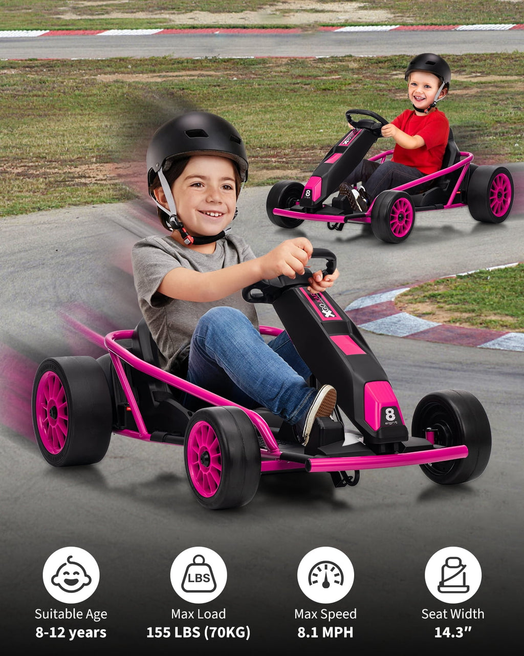 24V Electric Go Kart for Kids 8-12 - Dual 300W Motors, 9Ah Battery, 8MPH High-Speed Drifting, Slow Start, Full Metal Frame, Music, Horn, Power Display, Max Load 155Lbs, Ride-On Toy - Brown
