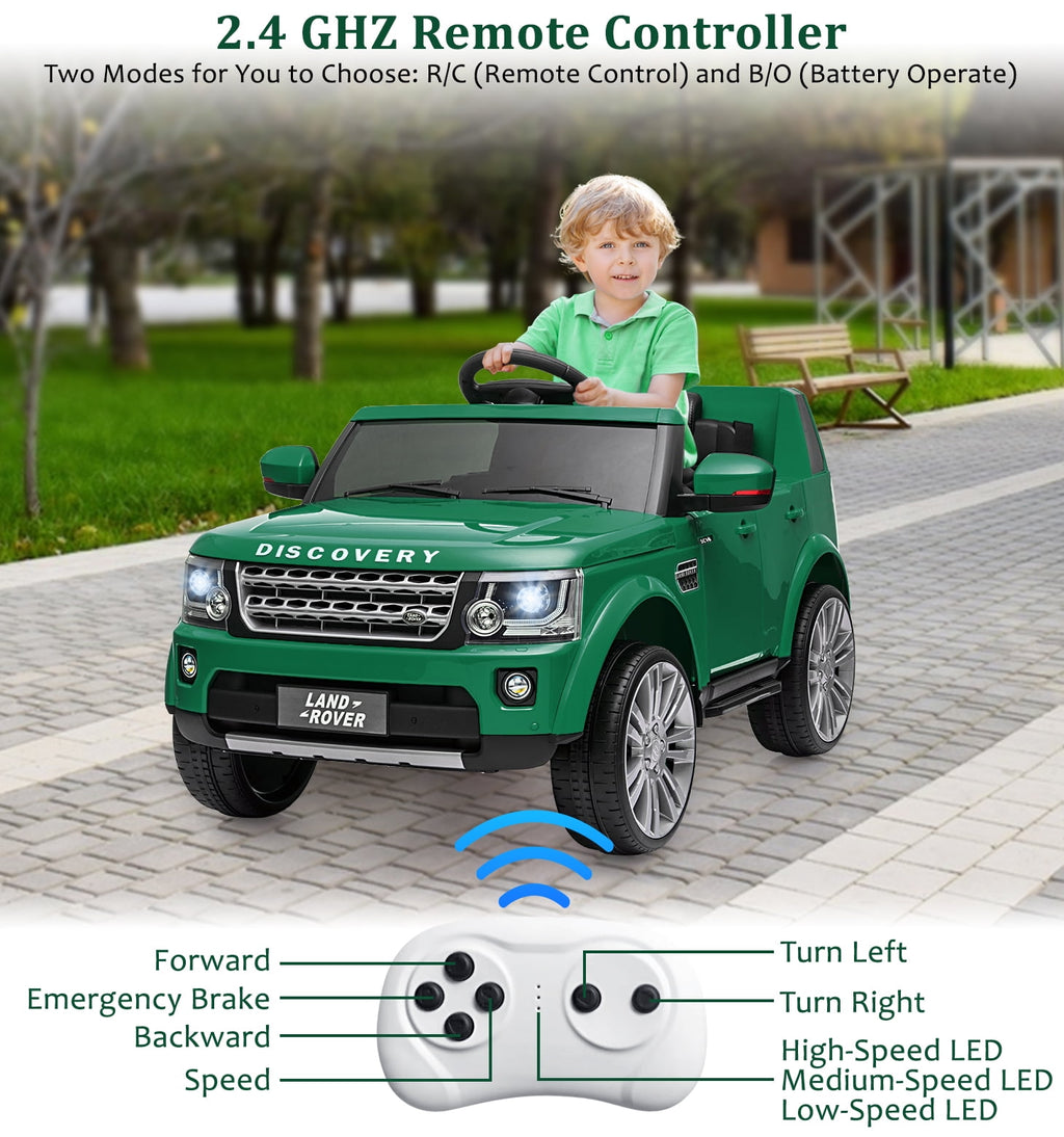 Licensed Land Rover 2-Seater 12V/24V Electric Ride-On Car for Kids Ages 3-8 - Remote Control, MP3, LED Lights, Adjustable Speeds, Shock Absorbers, Safety Seat Belts - Green
