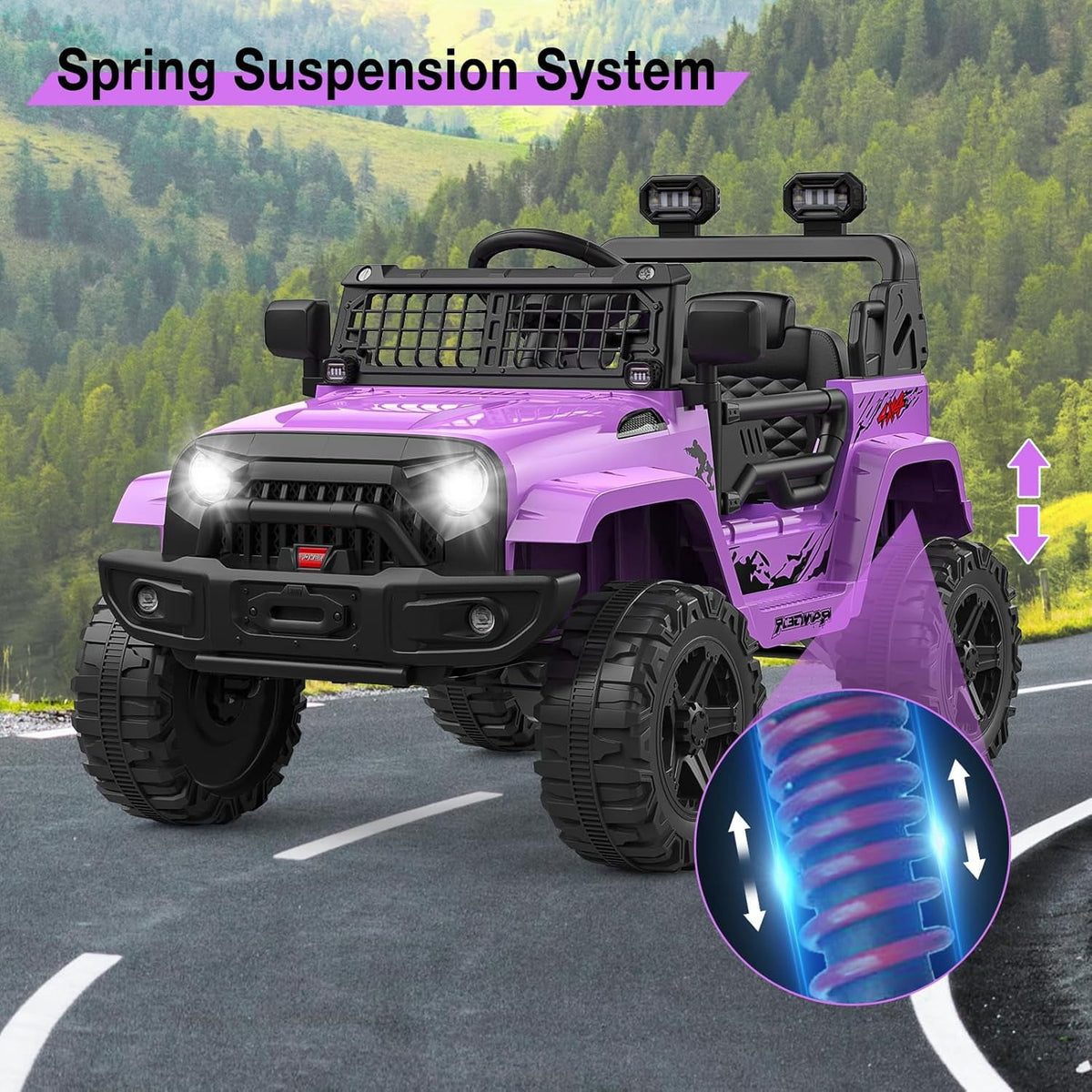 12V Electric Ride On Car with Remote Control, Off Road Ride On Vehicle with Bluetooth, LED Lights, Spring Suspension, Adjustable Seat Belt, All Terrain Tires, 61 lbs Capacity