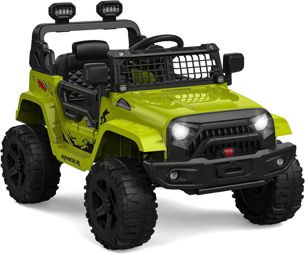 12V Electric Ride On Car with Remote Control, Off Road Ride On Vehicle with Bluetooth, LED Lights, Spring Suspension, Adjustable Seat Belt, All Terrain Tires, 61 lbs Capacity