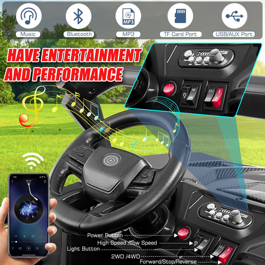 Funcid 24V Ride on Toys 4WD Ride on Cars with Remote Control, 2 XL Seater Electric Car for Kids, Power Car Wheels, UTV w/ 4*200W Motor, Bluetooth, Music, Lights, 3 Speeds, Black