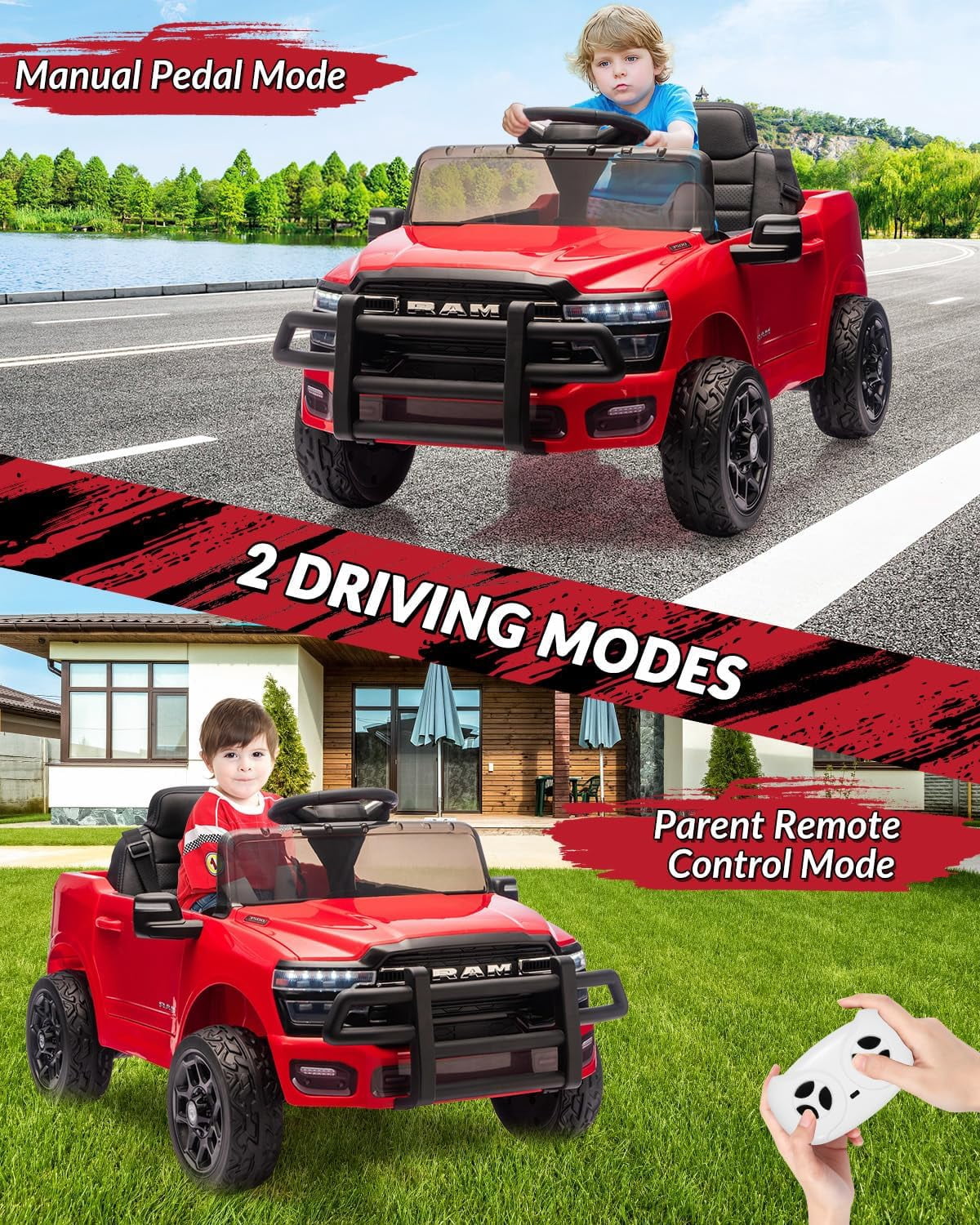 12V Licensed RAM Ride-On Pickup Truck, Electric Ride-On Car with Remote Control, 4-Wheel Suspension, Double Doors, LED Lights, Music, USB & AUX