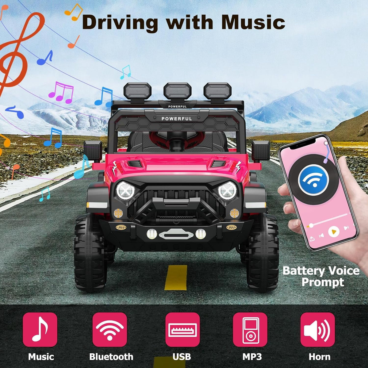 12V Ride-On Truck Car, 7Ah Battery, Parent Remote Control, 3 Speeds Up to 3.7 MPH, Soft Start, LED Lights, Bluetooth, USB, AUX, MP3, 66 Lbs