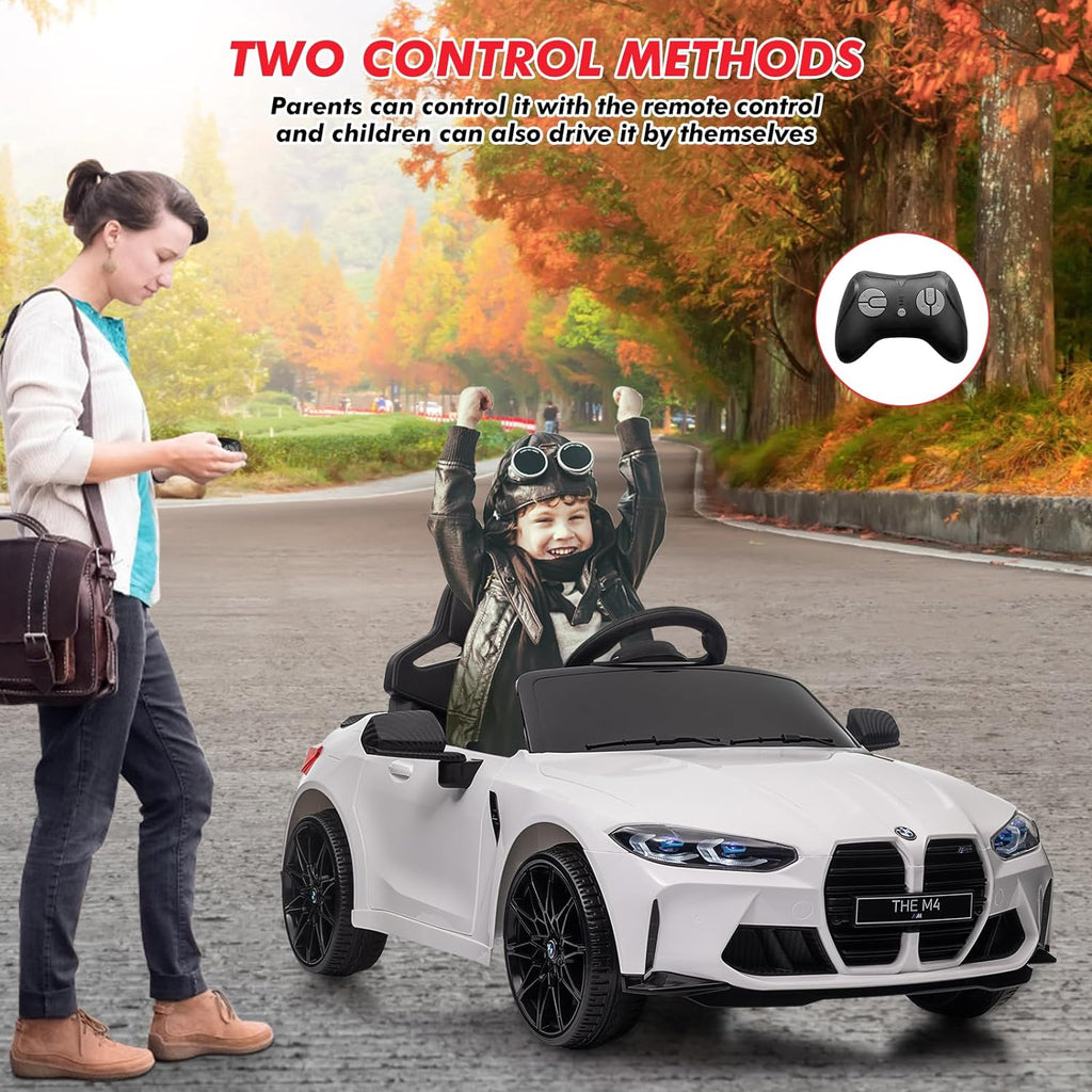 12V Licensed BMW M4 Ride-On Electric Car with Remote Control, 3 Speeds, LED Lights, Music, USB, Adjustable Seat Belt