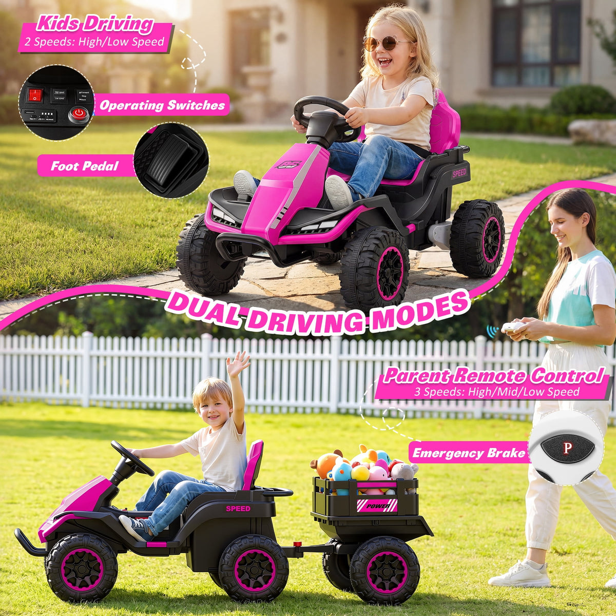 Farmdex 24 Volt Ride on Toys with Remote Control, 7AH Battery Ride on Cars, 4 Wheeler Quad ATV, Electric Car for Kids w/ Bluetooth, Music, Battery Display, LED Light Control, 5 MPH, Red