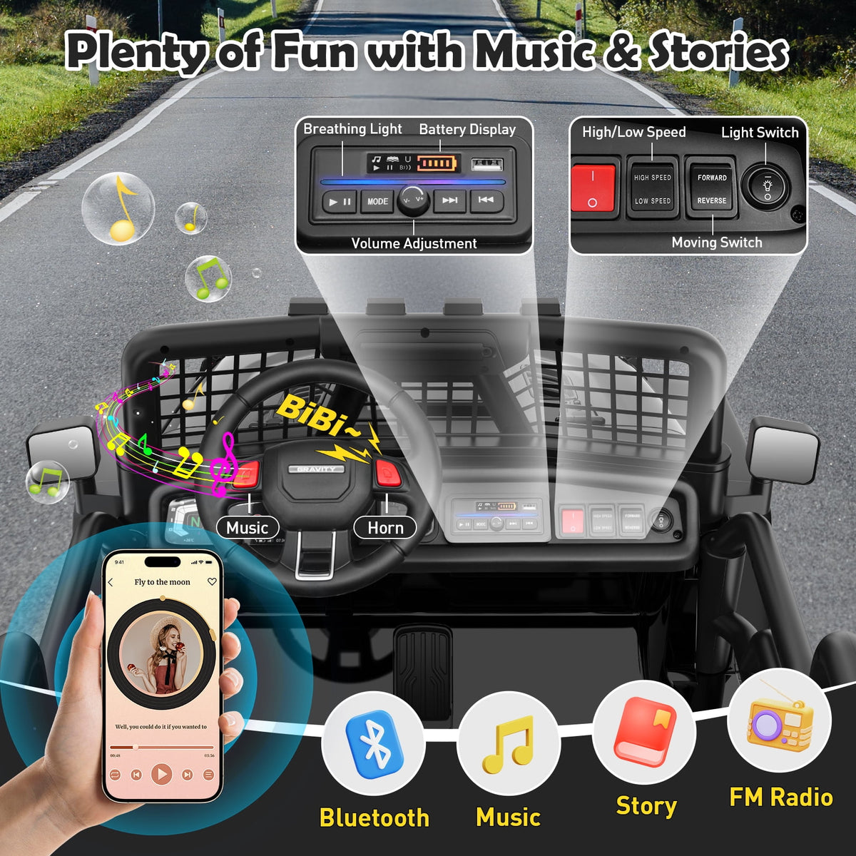 Funcid 24 Volt Ride on Toys with Remote Control, 400W 2-Seater Ride on Cars with Colored LED Lights & Battery Indicator, Electric Car for Kids w/ Bluetooth, Light Control, Volume Knob, Pink