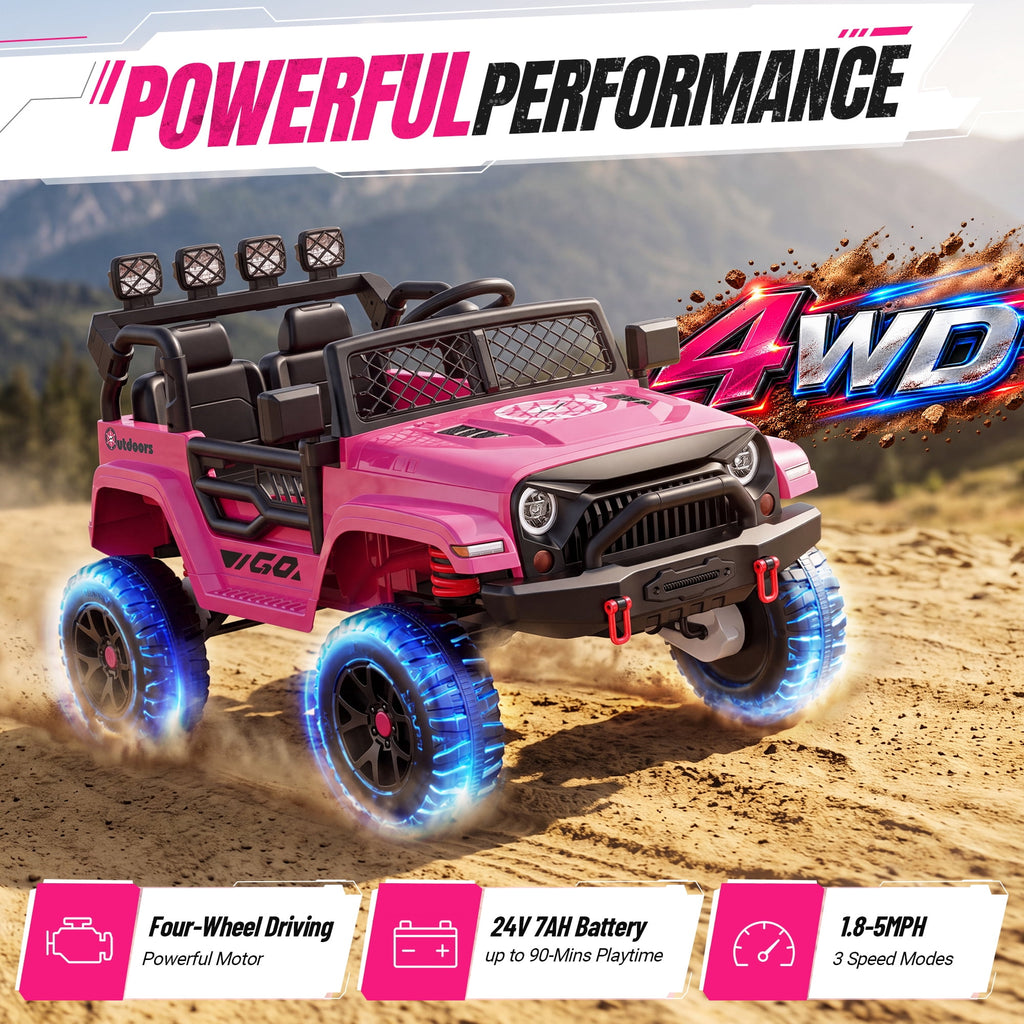 Wisairt 24V Ride on Cars, 4WD 800W Ride on Toys for Big Kids, Power Car Wheel with Remote, Kids Electric Car with 2 Seater, Music, LED Lights, Seat Belt, 3-8 Years Old, Pink