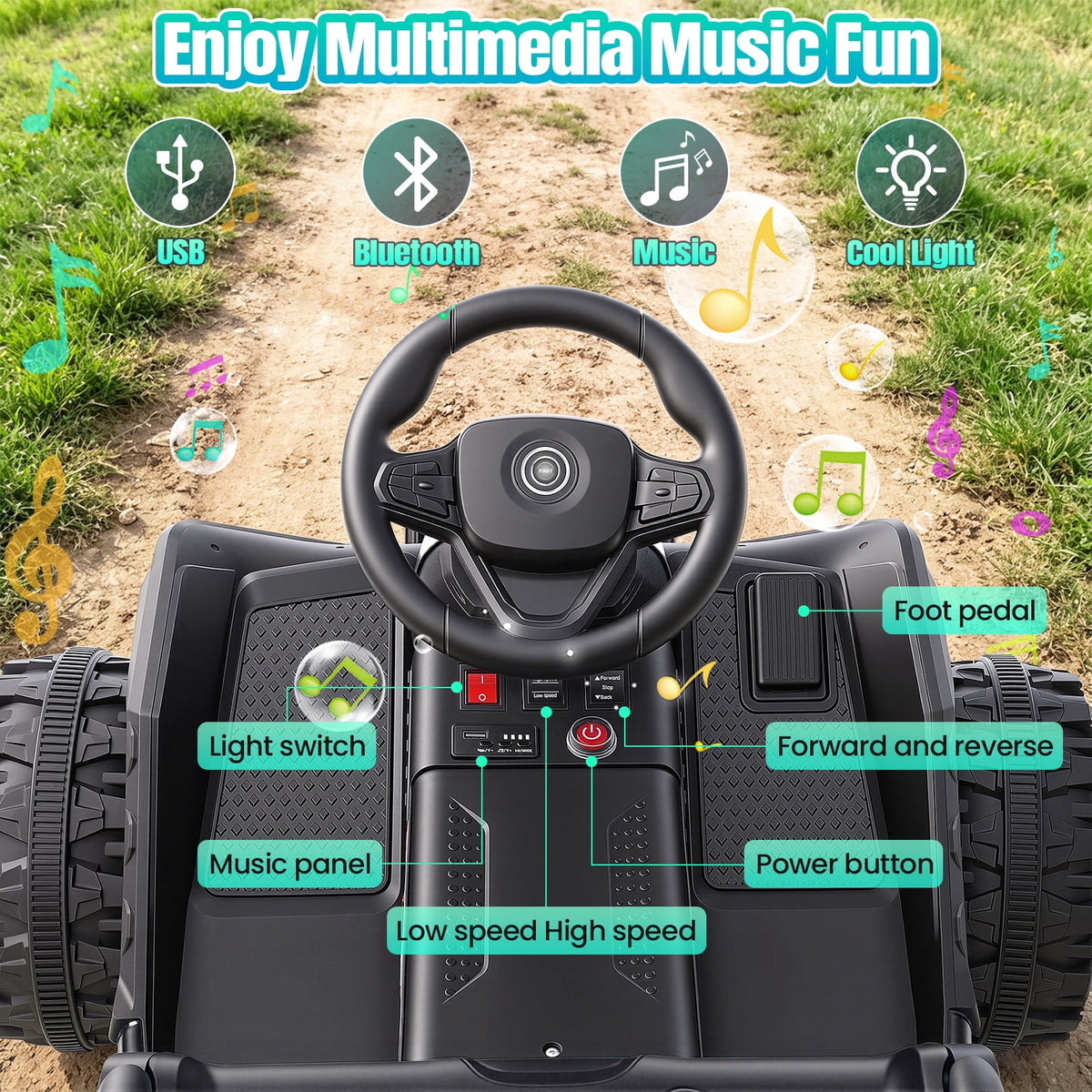 VIBESPARK 24V Ride on Toys with Remote Control, 3 in 1 Ride on Car, Ride on ATV for Kids with Trailer, 6 Wheel Kids Electric Car w/ Bluetooth, MP3, Music, Black