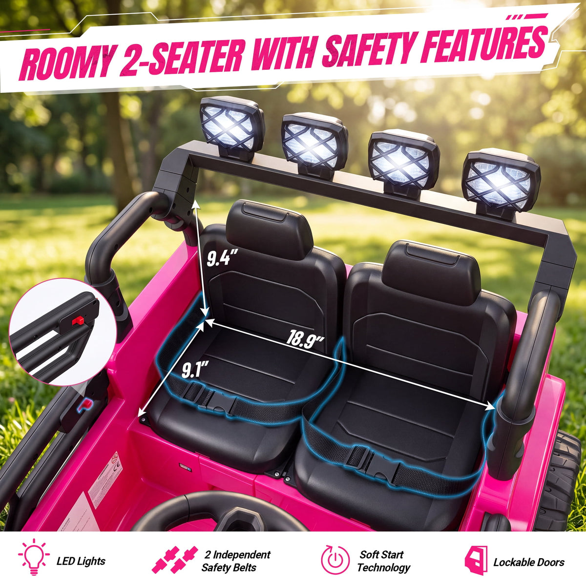 Wisairt 24V Ride on Cars, 4WD 800W Ride on Toys for Big Kids, Power Car Wheel with Remote, Kids Electric Car with 2 Seater, Music, LED Lights, Seat Belt, 3-8 Years Old, Pink