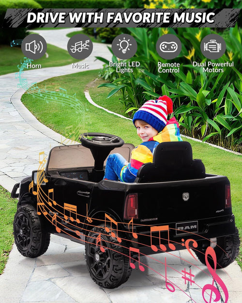 12V Licensed RAM Ride-On Pickup Truck, Electric Ride-On Car with Remote Control, 4-Wheel Suspension, Double Doors, LED Lights, Music, USB & AUX