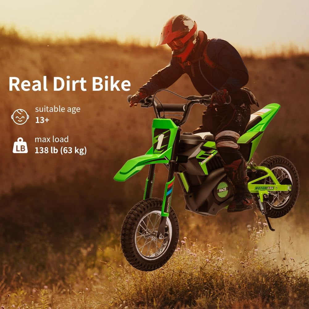 24V Electric Dirt Bike, 250W Brushed Motor, 13.6 MPH Max Speed, Chain Drive System, Disc Brake, Metal Spring Suspension, 12.6 Inch Pneumatic Tires, Leather Seat, 138 LBS Max Load,Blue