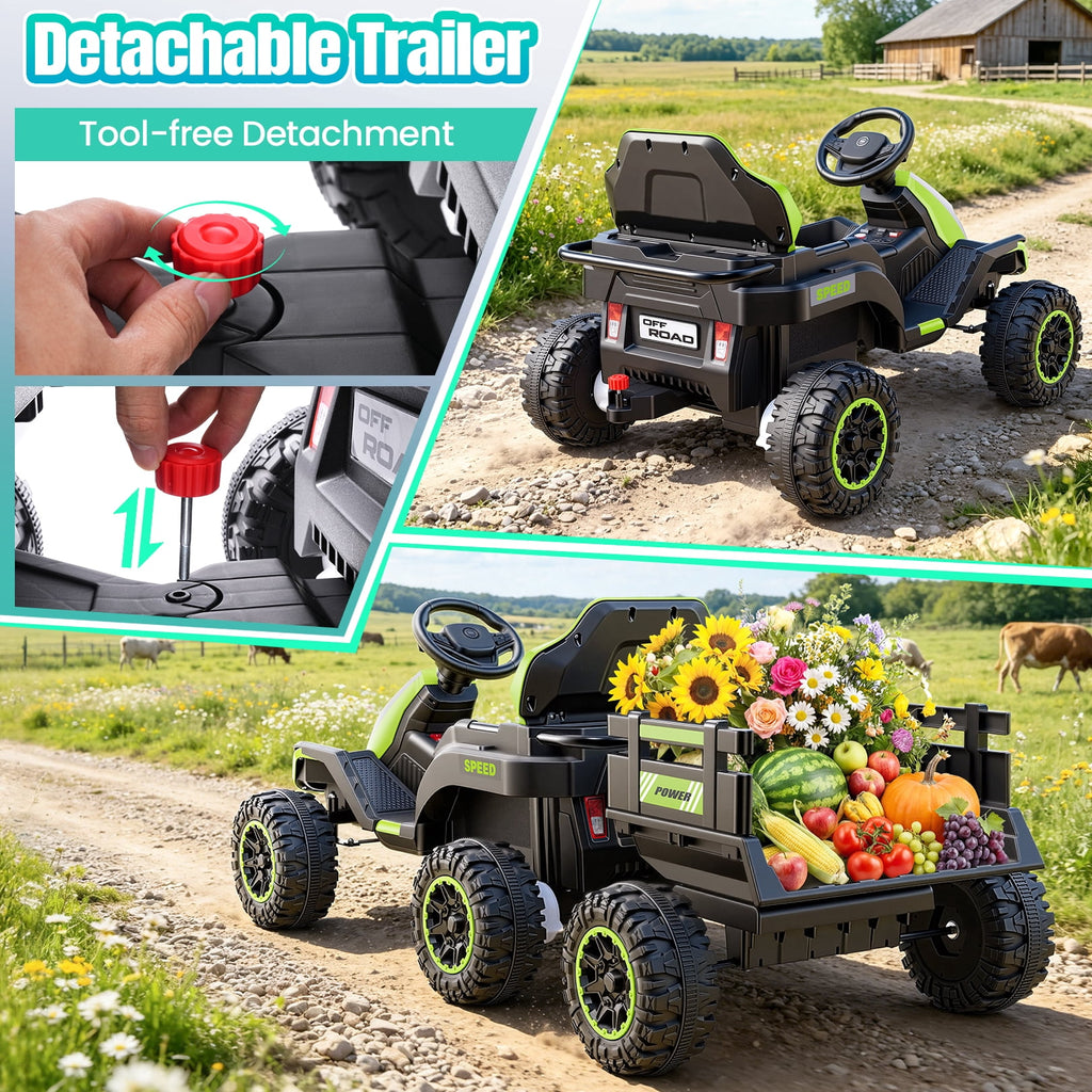 VIBESPARK 24V Ride on Toys with Remote Control, 3 in 1 Ride on Car, Ride on Tractor for Kids with Trailer, 6 Wheel Kids Electric Car w/ Bluetooth, MP3, Music, Green