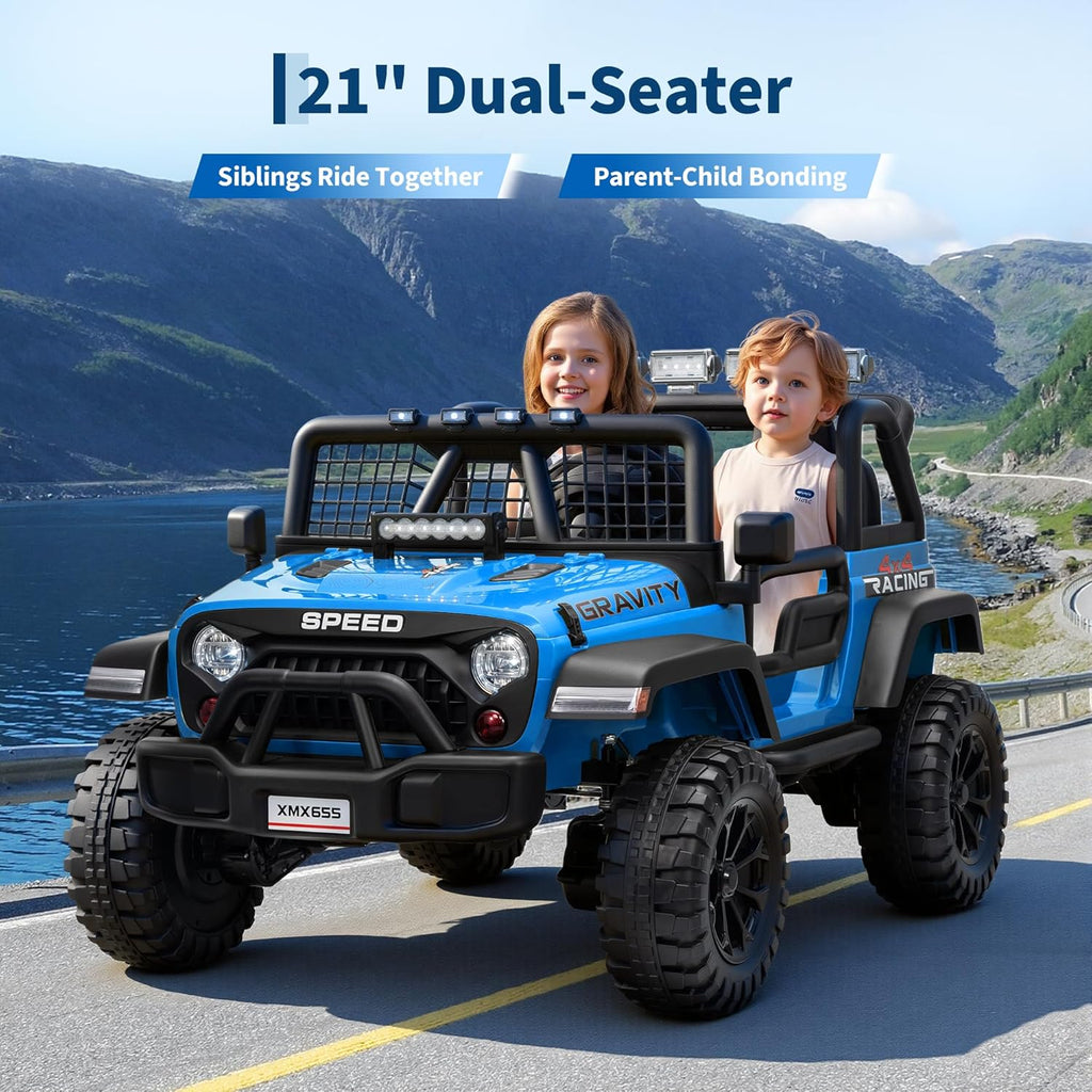 24V 2-Seater 4WD Electric Ride-On Truck with 2.4GHz Remote Control, Auto-Follow Mode, 2 Speeds 3–5 mph, Spring Suspension, LED Headlights, USB/AUX Music, 110 lb Capacity,Blue