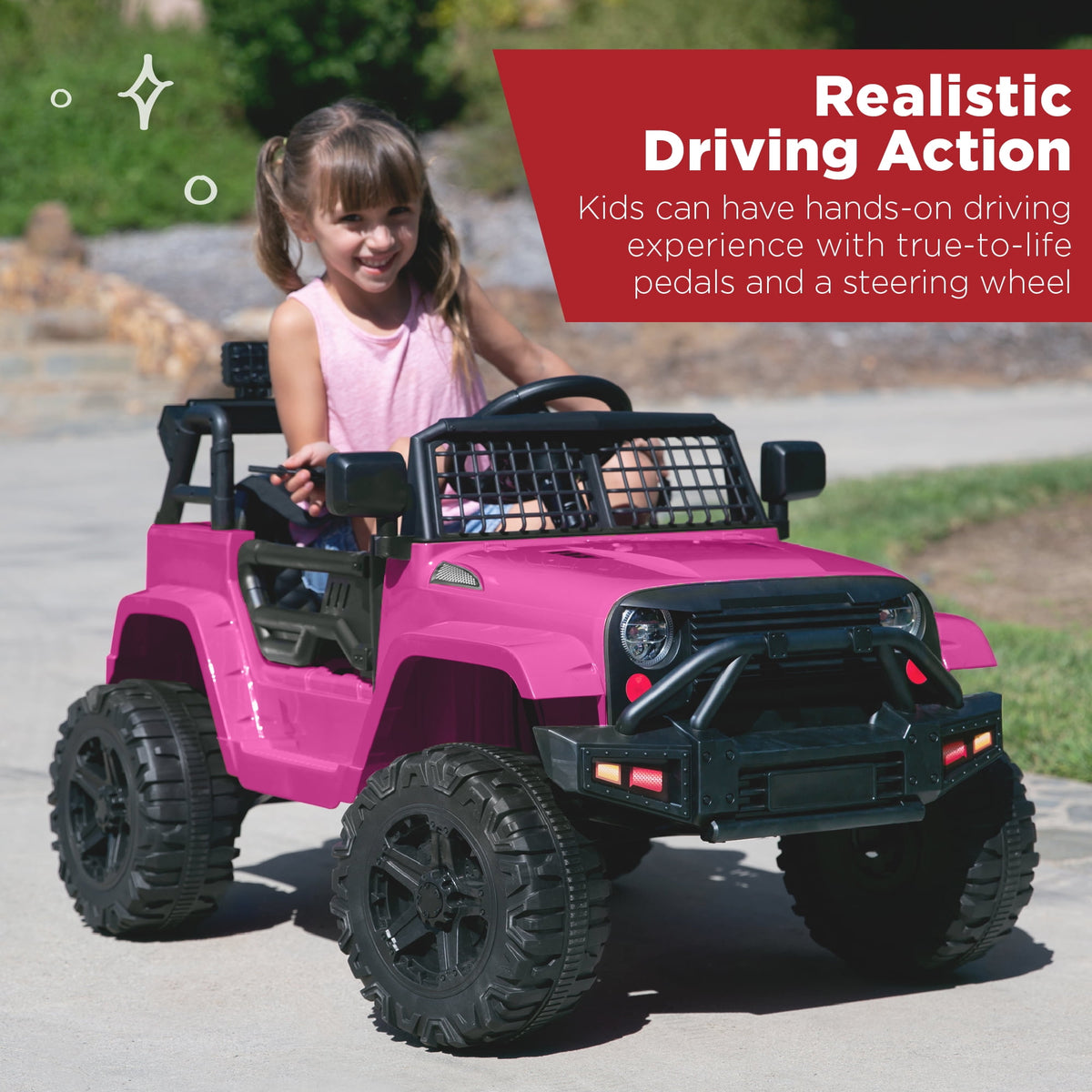 Best Choice Products 12V Kids Ride On Truck Car w/ Parent Remote Control, Spring Suspension, LED Lights - Hot Pink