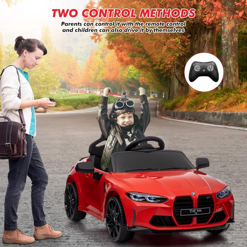 12V Licensed BMW M4 Ride-On Electric Car with Remote Control, 3 Speeds, LED Lights, Music, USB, Adjustable Seat Belt