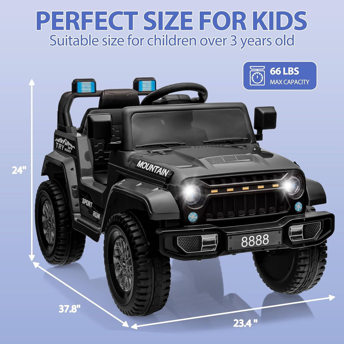12V Ride-On Electric Car with Parent Remote Control, Dual 35W Motors, 3 Speeds, Spring Suspension, LED Lights, Music, Horn, 66 lbs