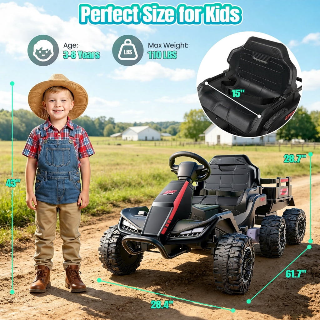 VIBESPARK 24V Ride on Toys with Remote Control, 3 in 1 Ride on Car, Ride on Tractor for Kids with Trailer, 6 Wheel Kids Electric Car w/ Bluetooth, MP3, Music, Green