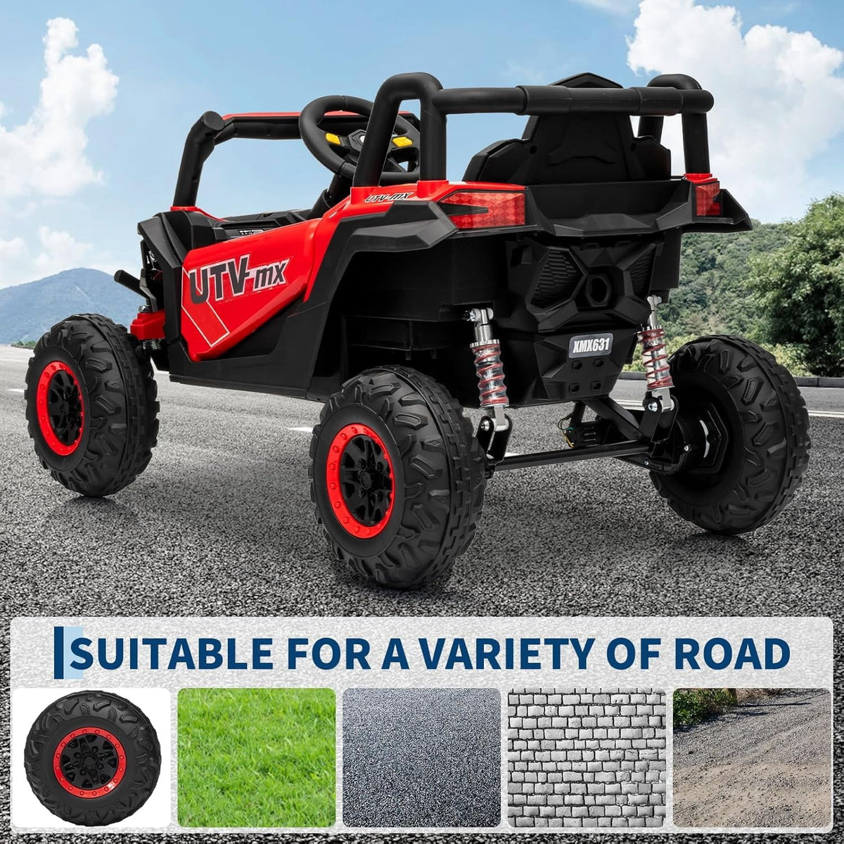 12V 4WD Ride-On Electric Car with Remote Control, 4-Wheel Drive, 4 Spring Suspension, Up to 5 MPH, LED Headlights, Bluetooth