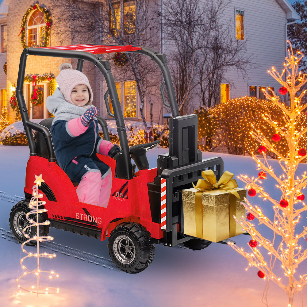 12V Kids Ride On Forklift Car with Tent and Remote Control – Liftable Fork & Pallet – Music, USB, MP3, Low Power Alarm, High/Low Speed – Construction Electric Vehicle Toy – Red