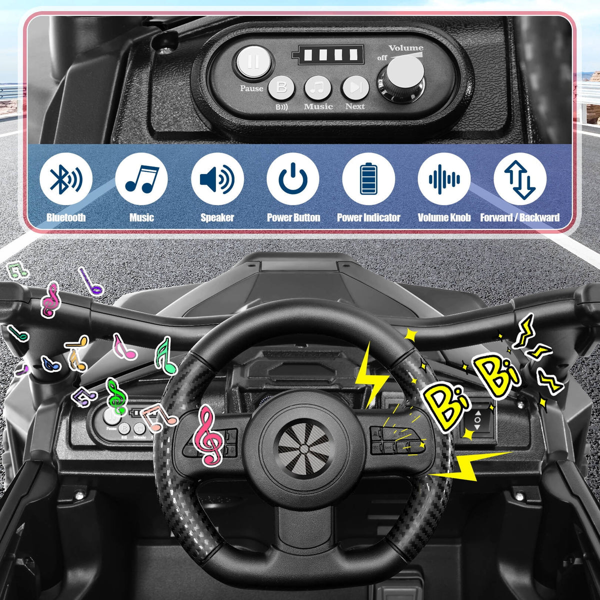 VIBESPARK 24V Ride on Toys for Kids, Ride on Cars with Remote Control, Powered Ride on Electric Car w/ Bluetooth, Music Player, LED Lights, Black
