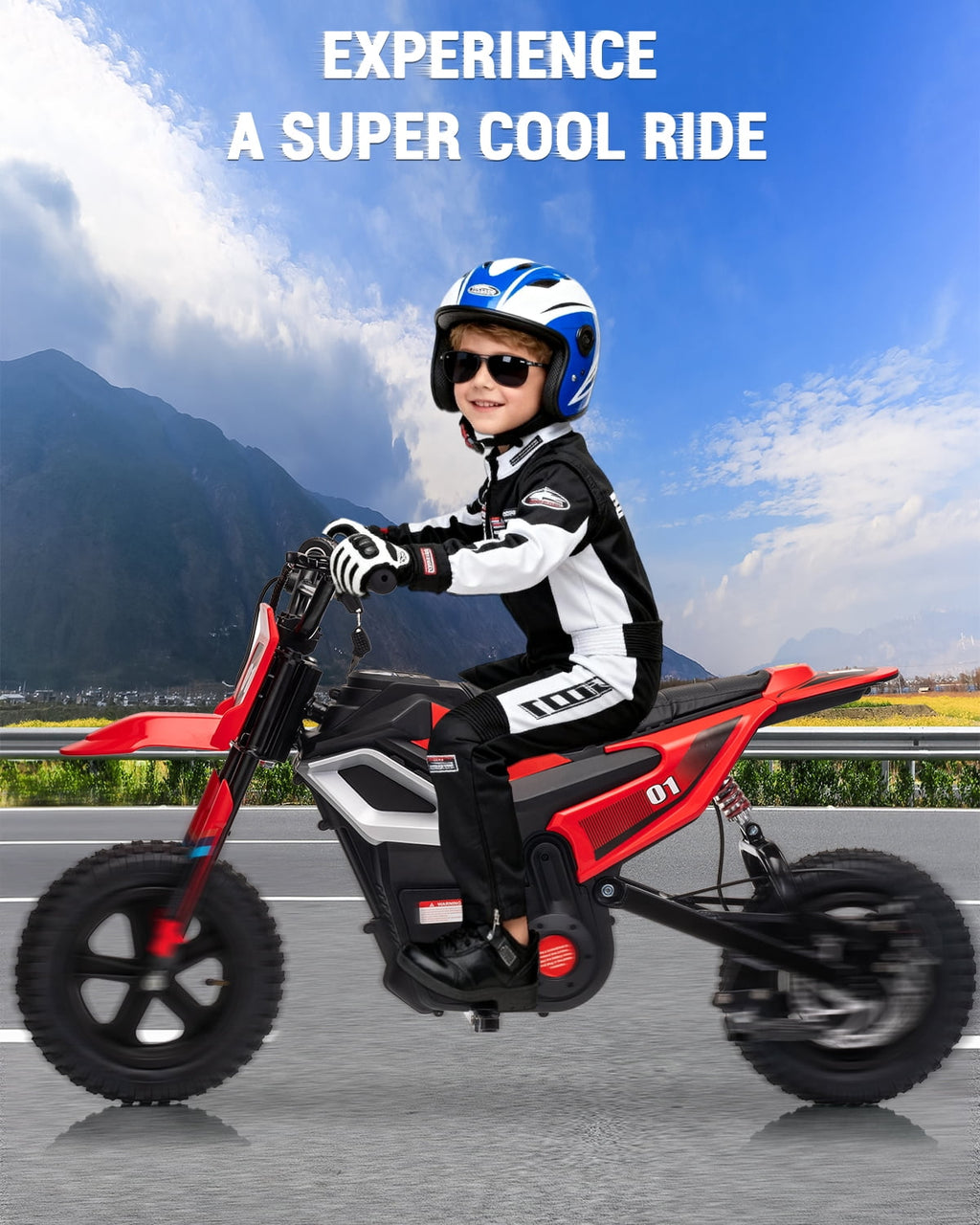 24V 350W Electric Dirt Bike for Kids - 13.7 MPH Max Speed, 12 Mile Range, Rear Suspension, Twist Grip Throttle, Key Start, Hand Brake - Built-in Music & wireless, Ride-On Motorcycle Toy, Red