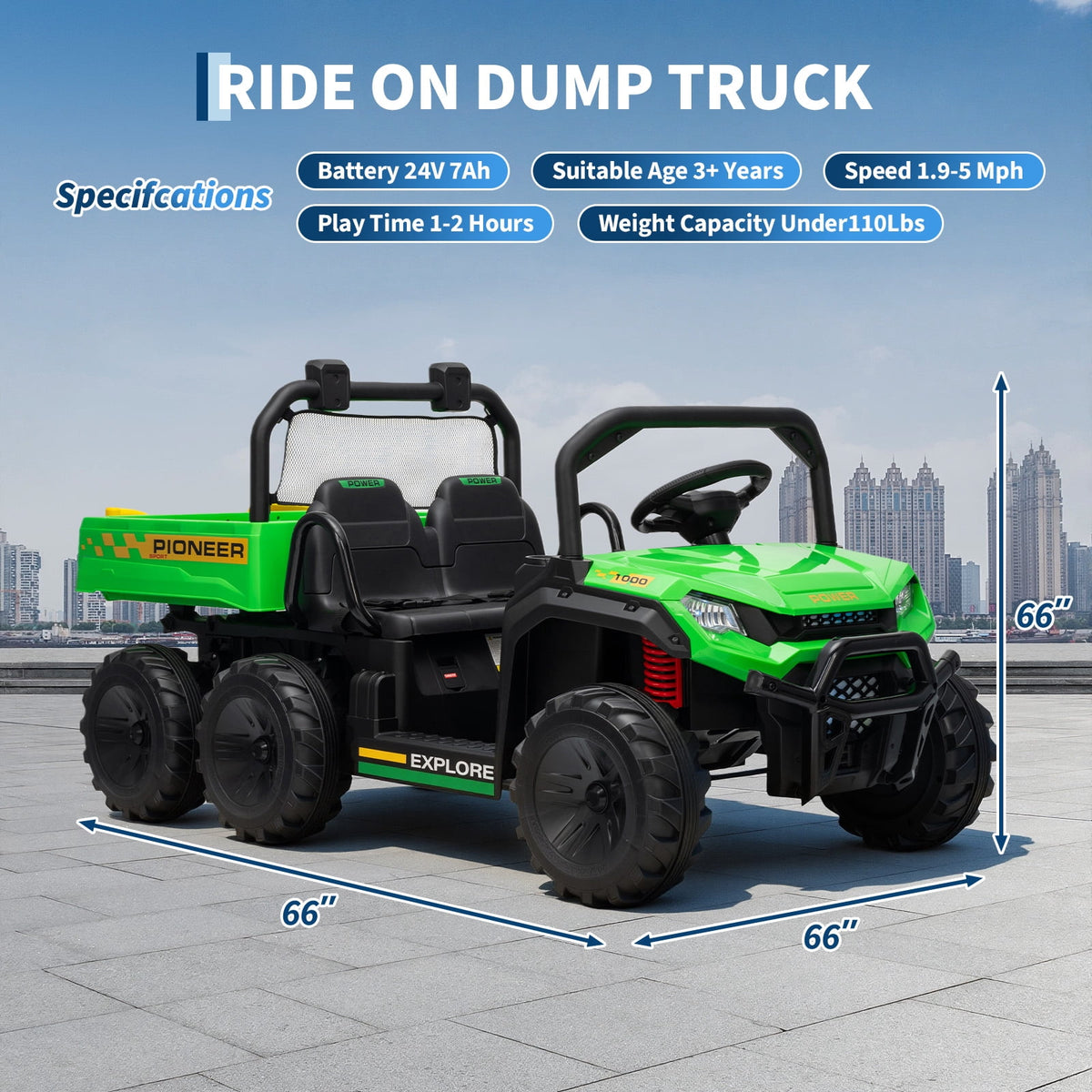 24V 4WD 2-Seater Kids Electric Ride-On Dump Truck – Remote Control, Working Dump Bed, 3 Speed Modes, Music Player, All-Terrain Off-Road Vehicle Toy for Boys & Girls Ages 3-8, Green