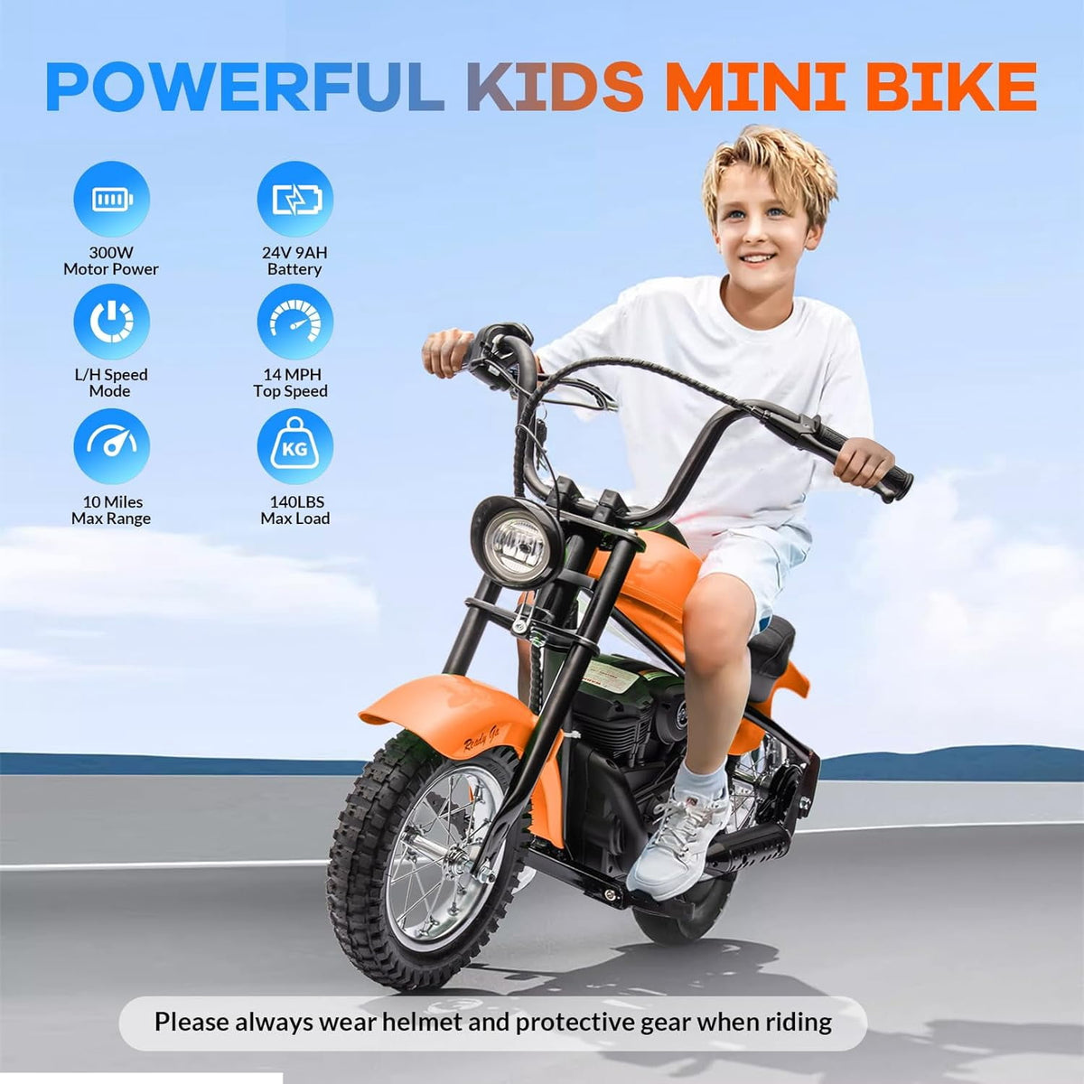 24V Electric Dirt Bike, 300W Chain-Driven Motor, Up to 15 MPH, 2-Speed, 10-Mile Range, 12" Air-Filled Rubber Tires, Leather Seat, Hand Brake, LED Lights, 150 Lbs