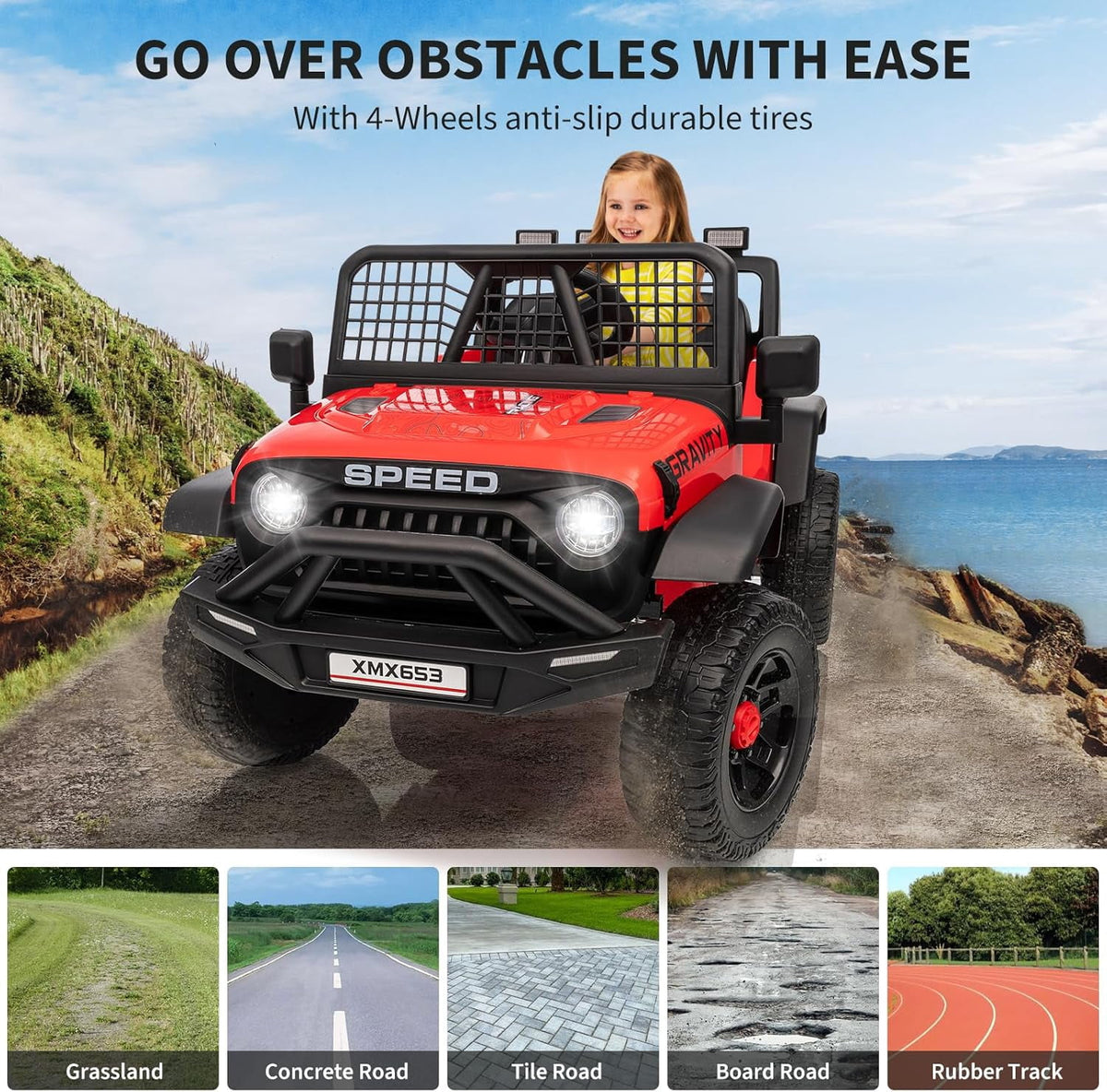 12V Ride-On Electric Car with Remote Control, Extra-Wide 13" Seat, 3 Speeds, 1.6-4.1 MPH, LED Lights, Music, USB, Safety Belt