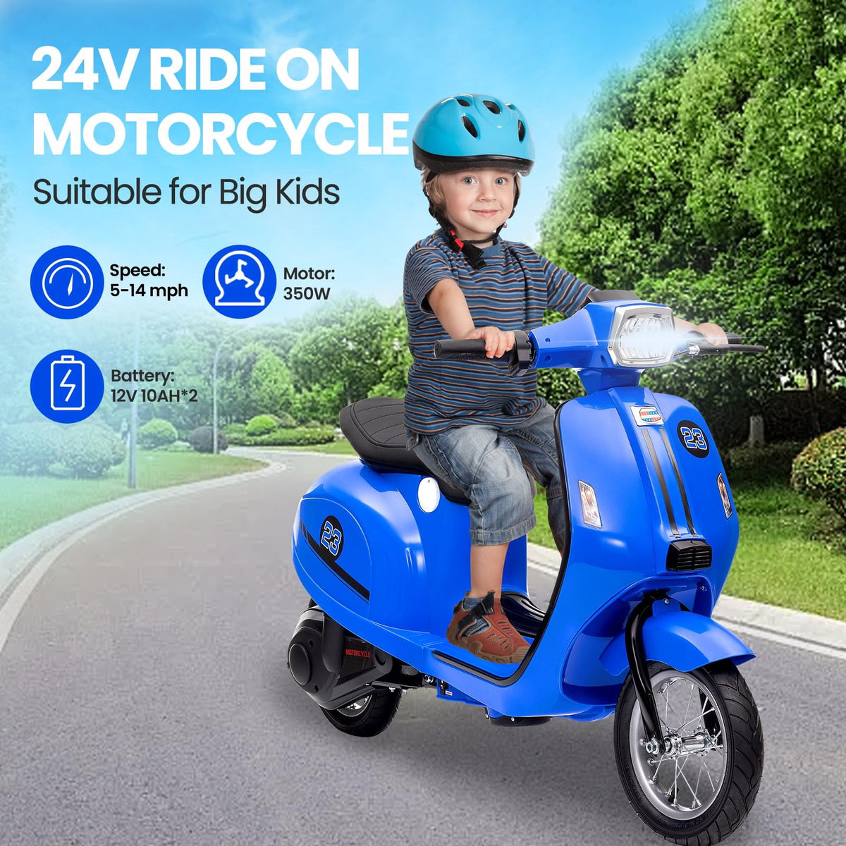 Towallmark Electric Motorcycle for Big Kids, 24V 350W Kids Ride on Moped, Max Up to 14MPH, with Rear Brake, Twist Grip Throttle & LED Light, Electric Motorbike for Kids/Teens 8-12