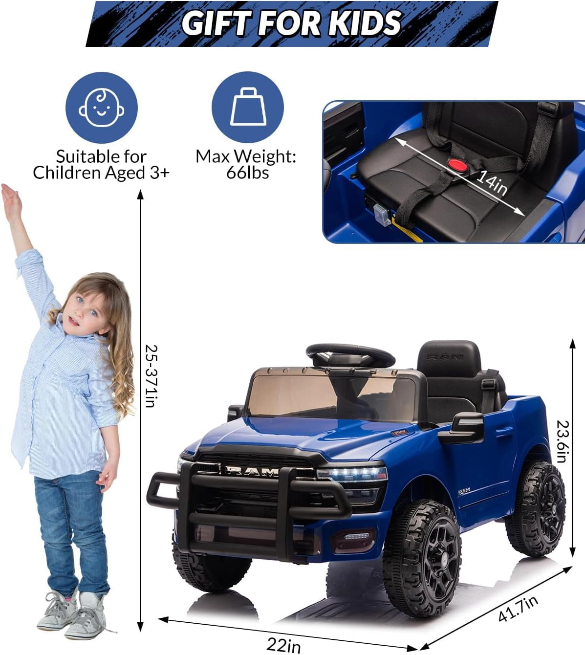 12V Licensed RAM Ride-On Pickup Truck, Electric Ride-On Car with Remote Control, 4-Wheel Suspension, Double Doors, LED Lights, Music, USB & AUX