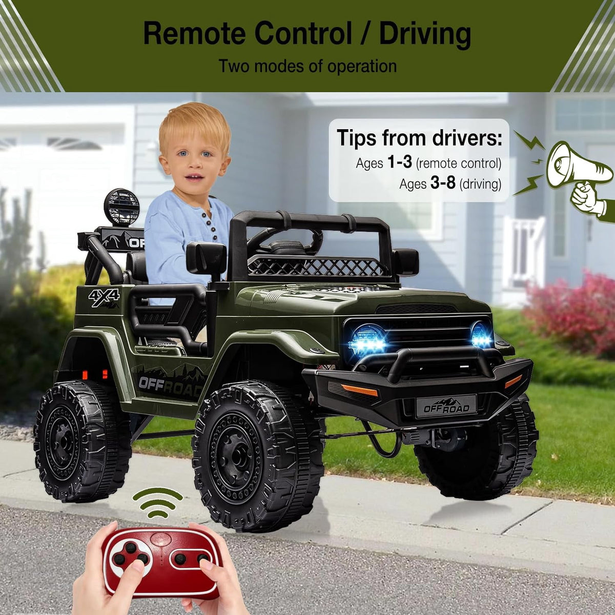 12V Remote Control Ride-On Car, 3 Speeds, Spring Suspension, LED Lights, Bluetooth Music, Parental Brake, for Ages 3-8, 65 lbs Capacity,Armygreen