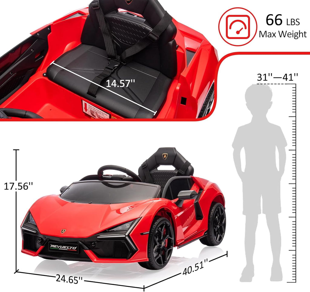 12V Licensed Lamborghini Revuelto Ride-On Electric Sports Car, Dual 25W Motors, Remote Control, Bluetooth, LED Headlights, Music, 1-2 MPH