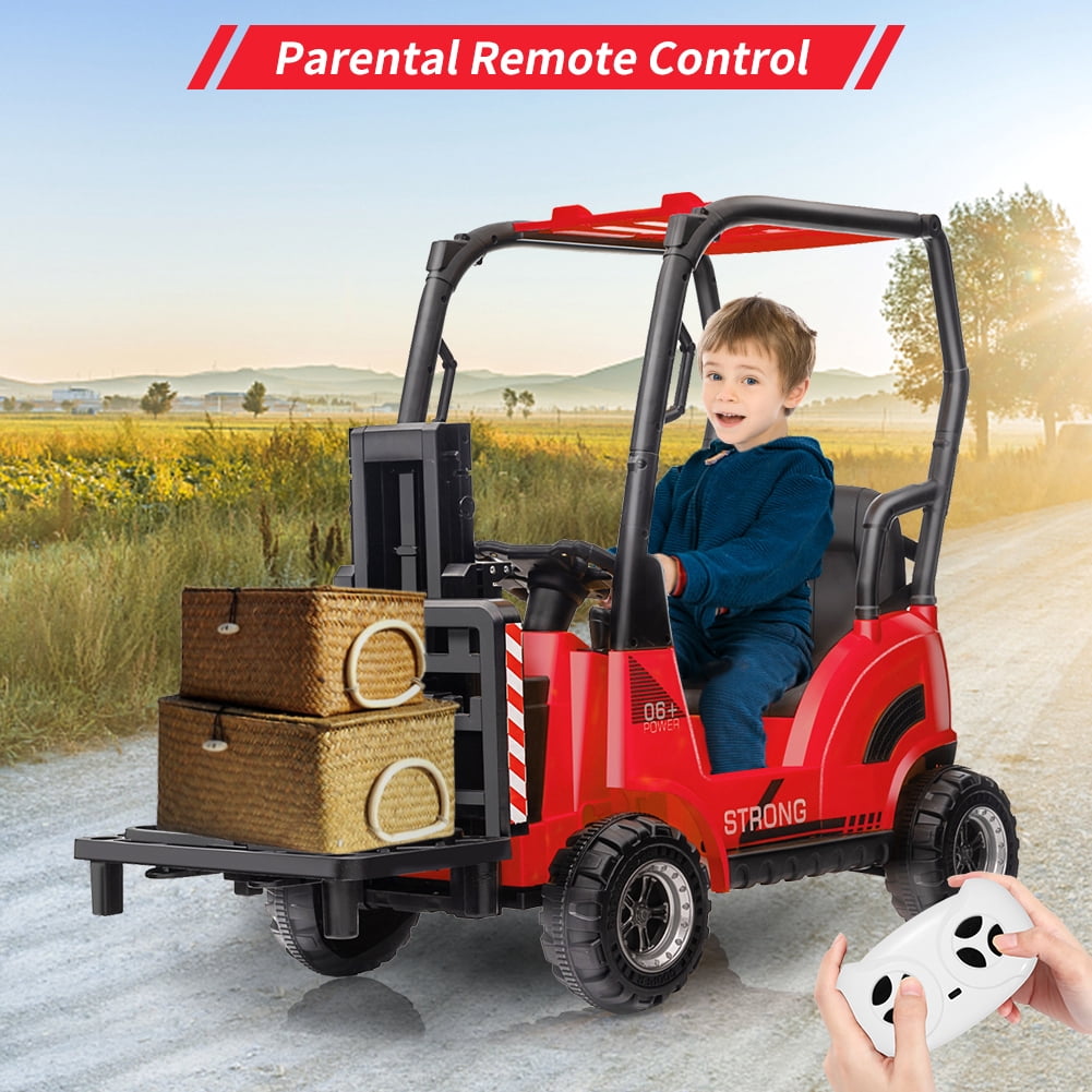 12V Kids Ride On Forklift Car with Tent and Remote Control – Liftable Fork & Pallet – Music, USB, MP3, Low Power Alarm, High/Low Speed – Construction Electric Vehicle Toy – Red