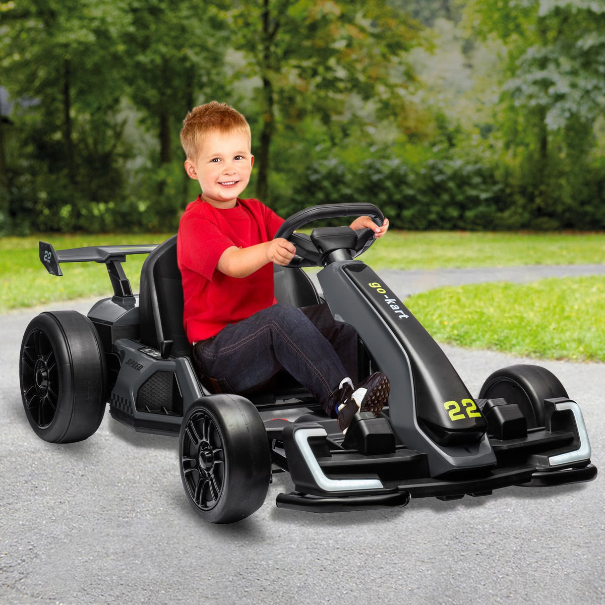 24V Kids Electric Go Kart, 300W Drift Ride-On Car with Dual 150W Motors - Adjustable Seat, 4 Speed Modes, 8.5mph Max, LED Lights, Music & Horn, Safety Belt, Outdoor Racing Toy - Red