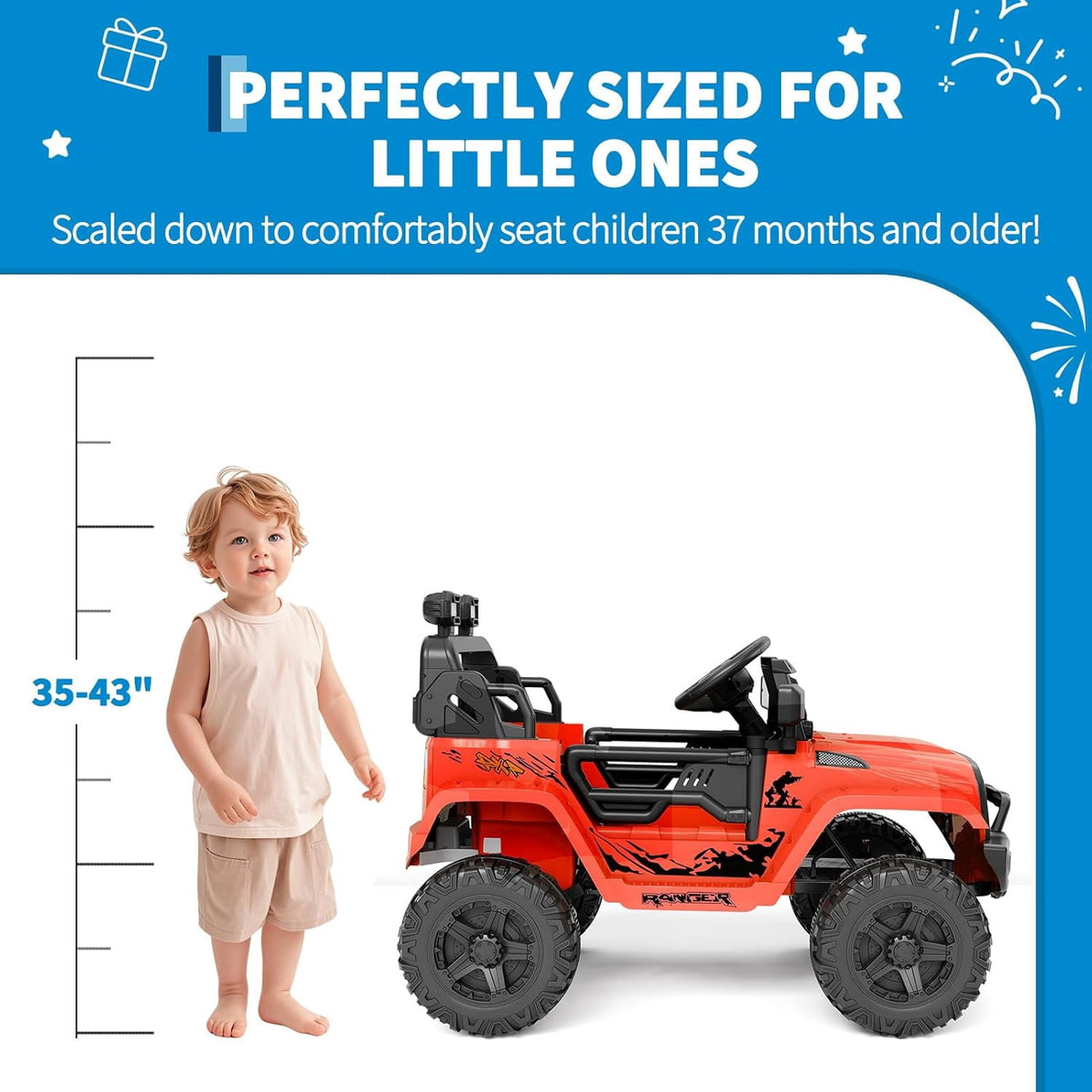 12V Electric Ride On Car with Remote Control, Off Road Ride On Vehicle with Bluetooth, LED Lights, Spring Suspension, Adjustable Seat Belt, All Terrain Tires, 61 lbs Capacity