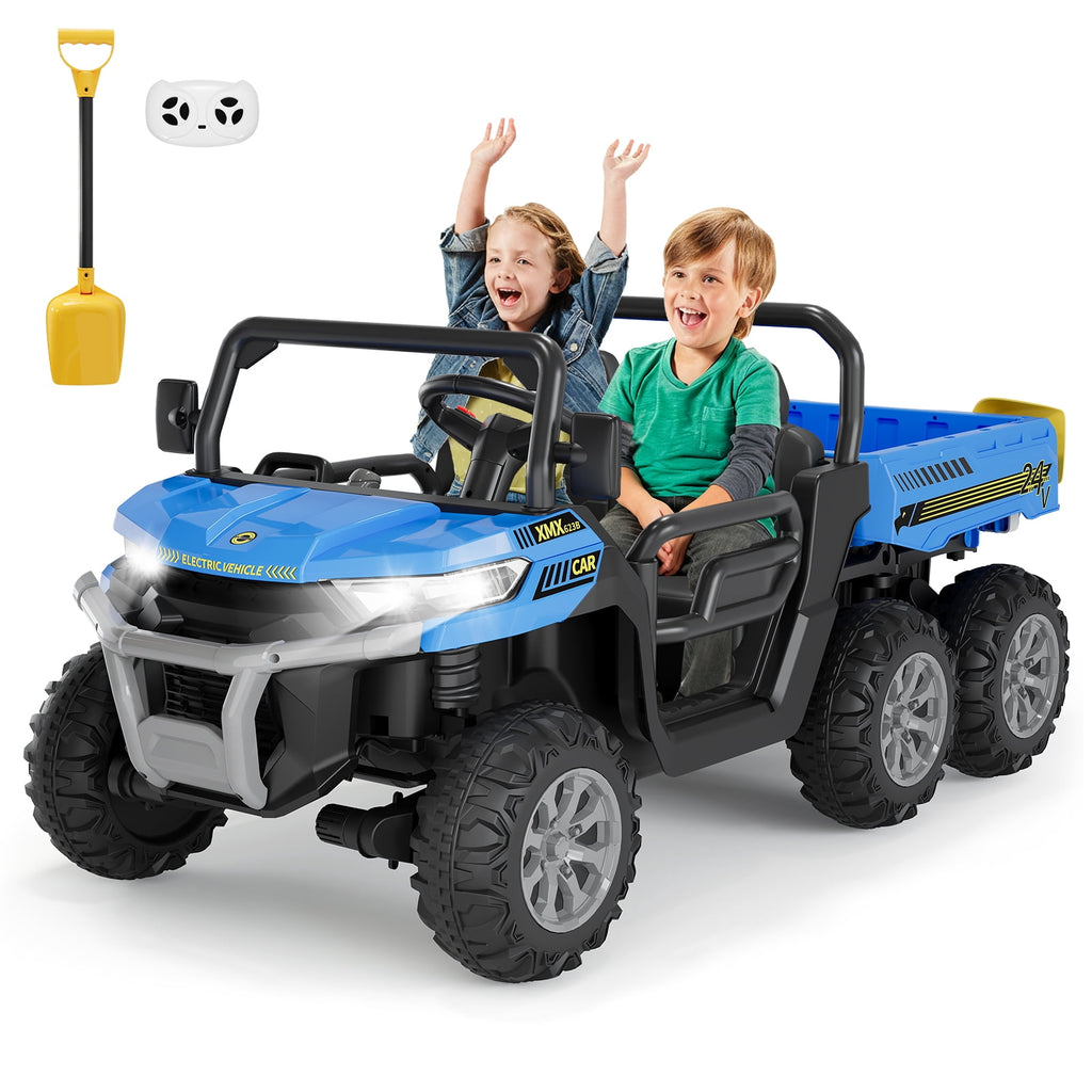 24V 2-Seater 6-Wheel Electric Dump Truck Ride-On for Kids – 4WD UTV Car, Remote Control, Electric Dump Bed, Music, Horn, Industry Standard/CPSIA Certified, Power Ride-On Toy for Boys & Girls