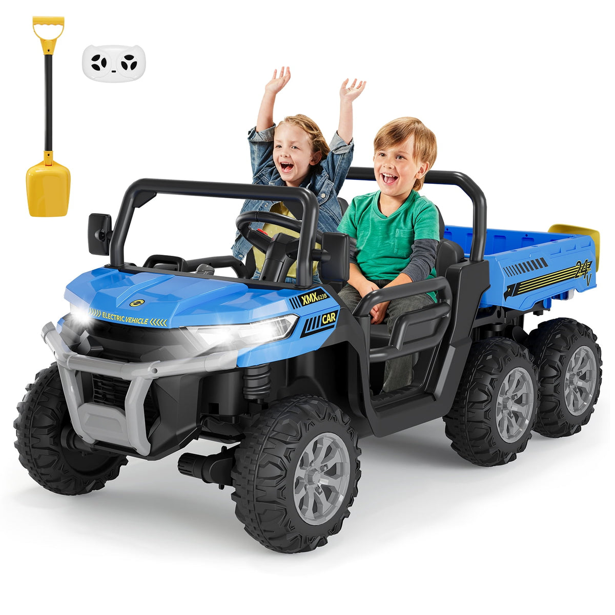 24V 2-Seater 6-Wheel Electric Dump Truck Ride-On for Kids – 4WD UTV Car, Remote Control, Electric Dump Bed, Music, Horn, Industry Standard/CPSIA Certified, Power Ride-On Toy for Boys & Girls