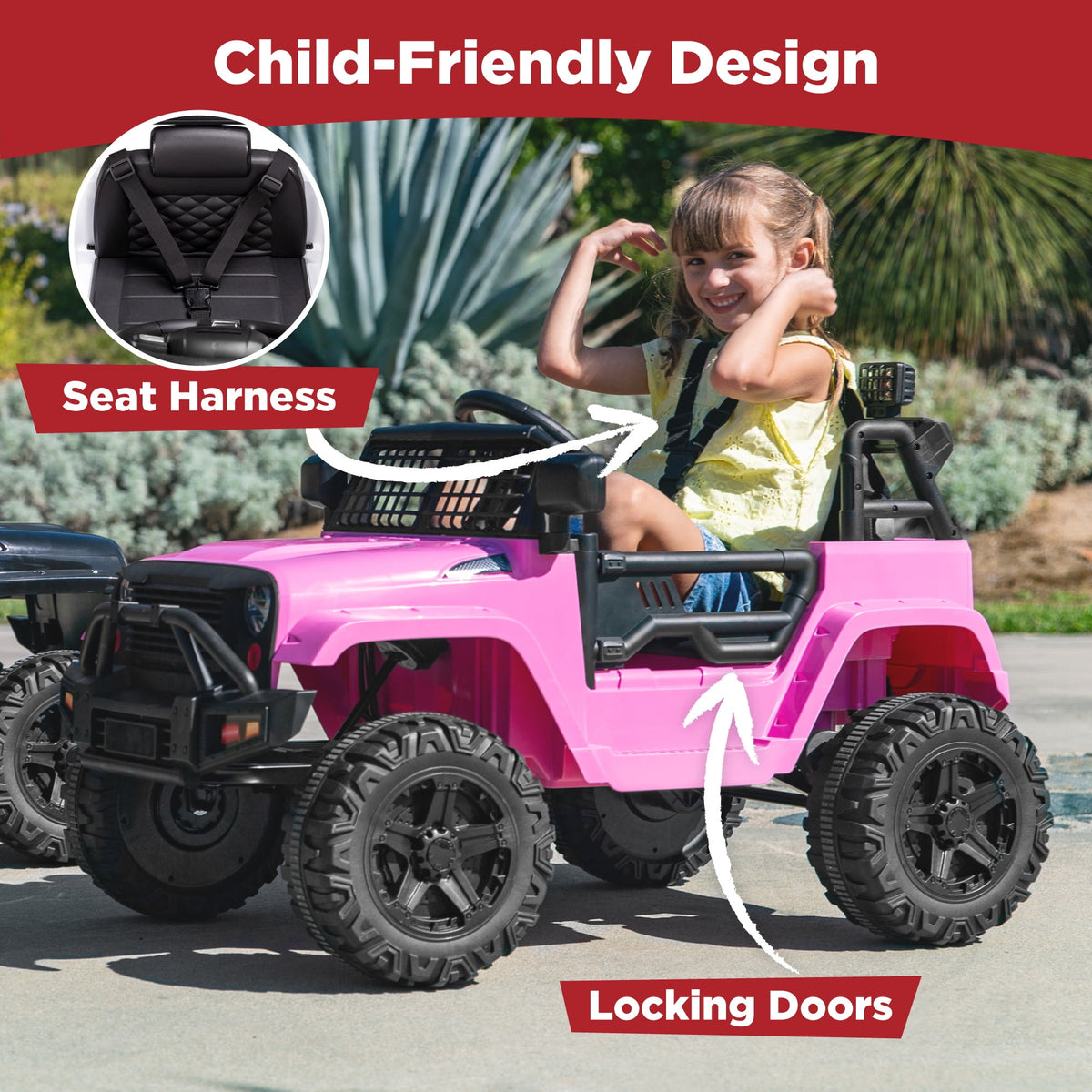 Best Choice Products 12V Kids Ride On Truck Car w/ Parent Remote Control, Spring Suspension, LED Lights - Hot Pink