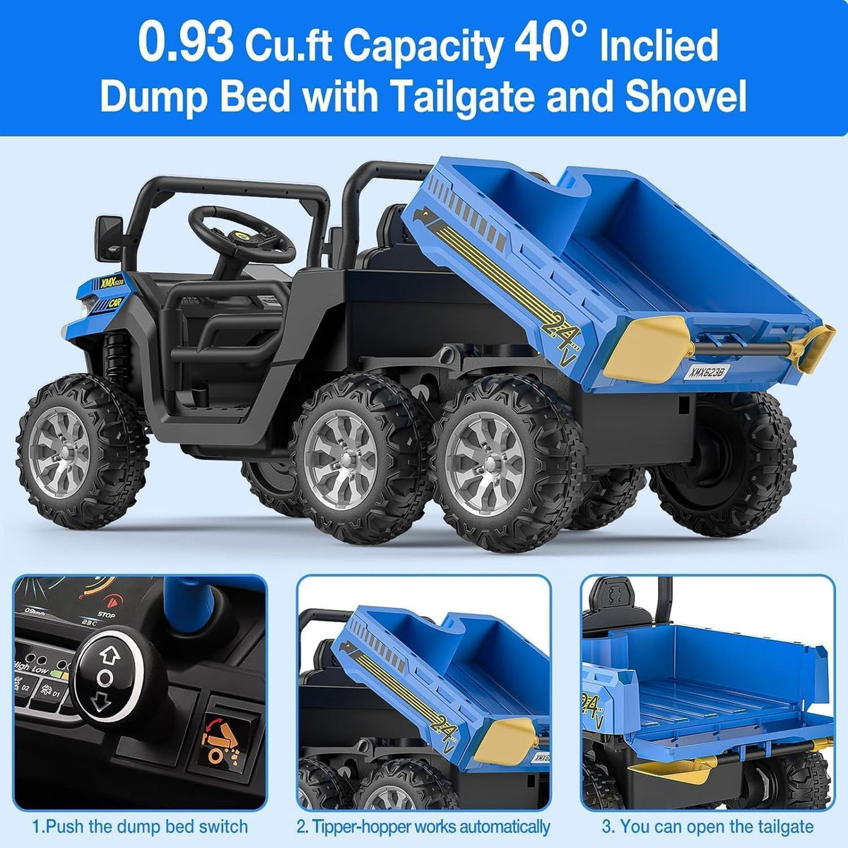 24V 4WD Electric Ride-On Dump Truck for , 2-Seater UTV with Remote Control, Bluetooth Music, Seatbelts, LED Lights, Mobile Phone Connectivity, Double Seat 6 Wheel Truck for Ages 3-8,Green