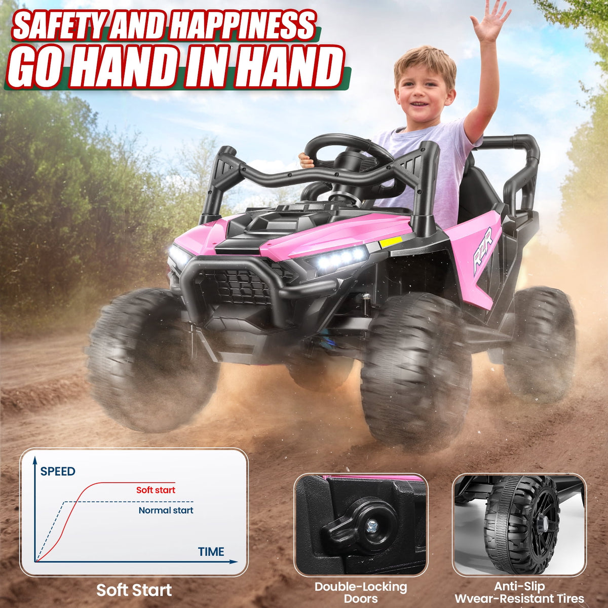 Funcid Ride on Toys, Kids Ride on Cars with Remote Control, 400W Powerful Electric Car for Kids, Ride on UTV w/ Bluetooth, Battery Indicator, Knob Volume Control, Spring Suspension, Pink