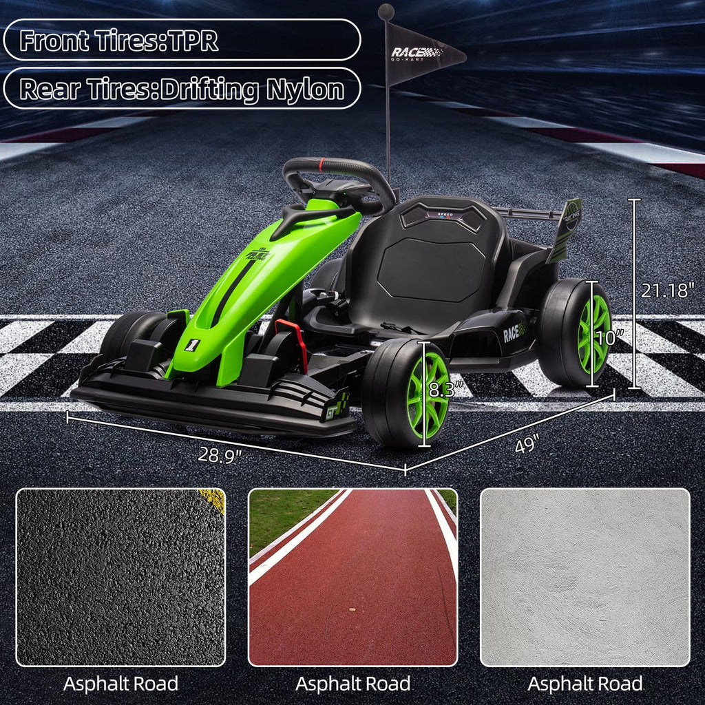 24V Kids Ride-On Go Kart, 7.5MPH High-Speed Drifting Car, Dual 200W Motors, 7Ah Battery, Adjustable Length, Max Load 135lbs, Power Display Racing Toy for Children 6+, Green